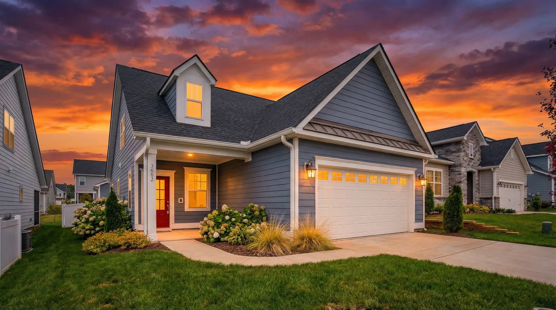Modern single-story craftsman home at sunset in Charlotte NC