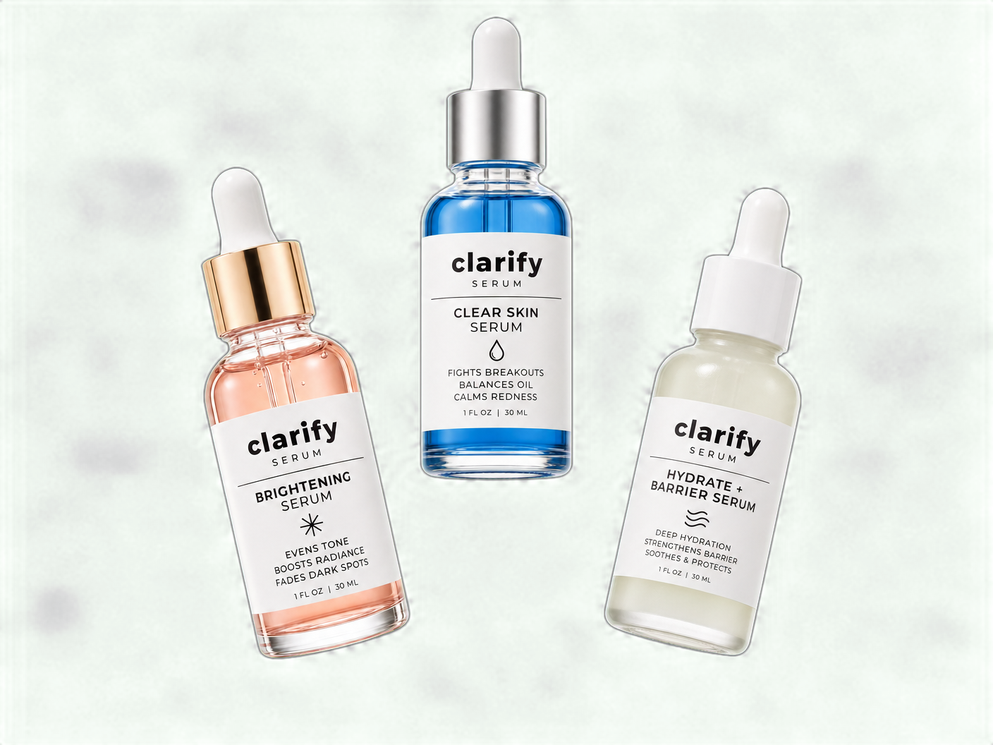 Clarify Serum collection - Brightening, Clear Skin, and Hydrate + Barrier serums floating