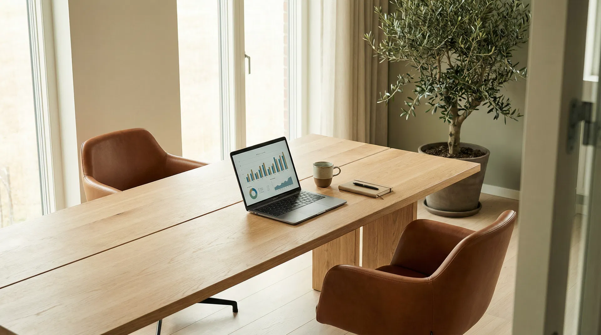 Professionelt rådgivningsmøde med laptop og kaffe