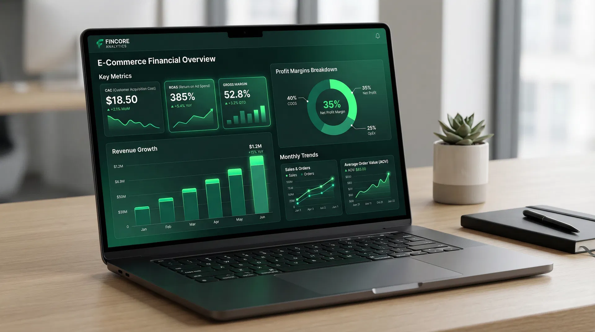 E-commerce financial dashboard med KPI'er og omsætningsgrafer