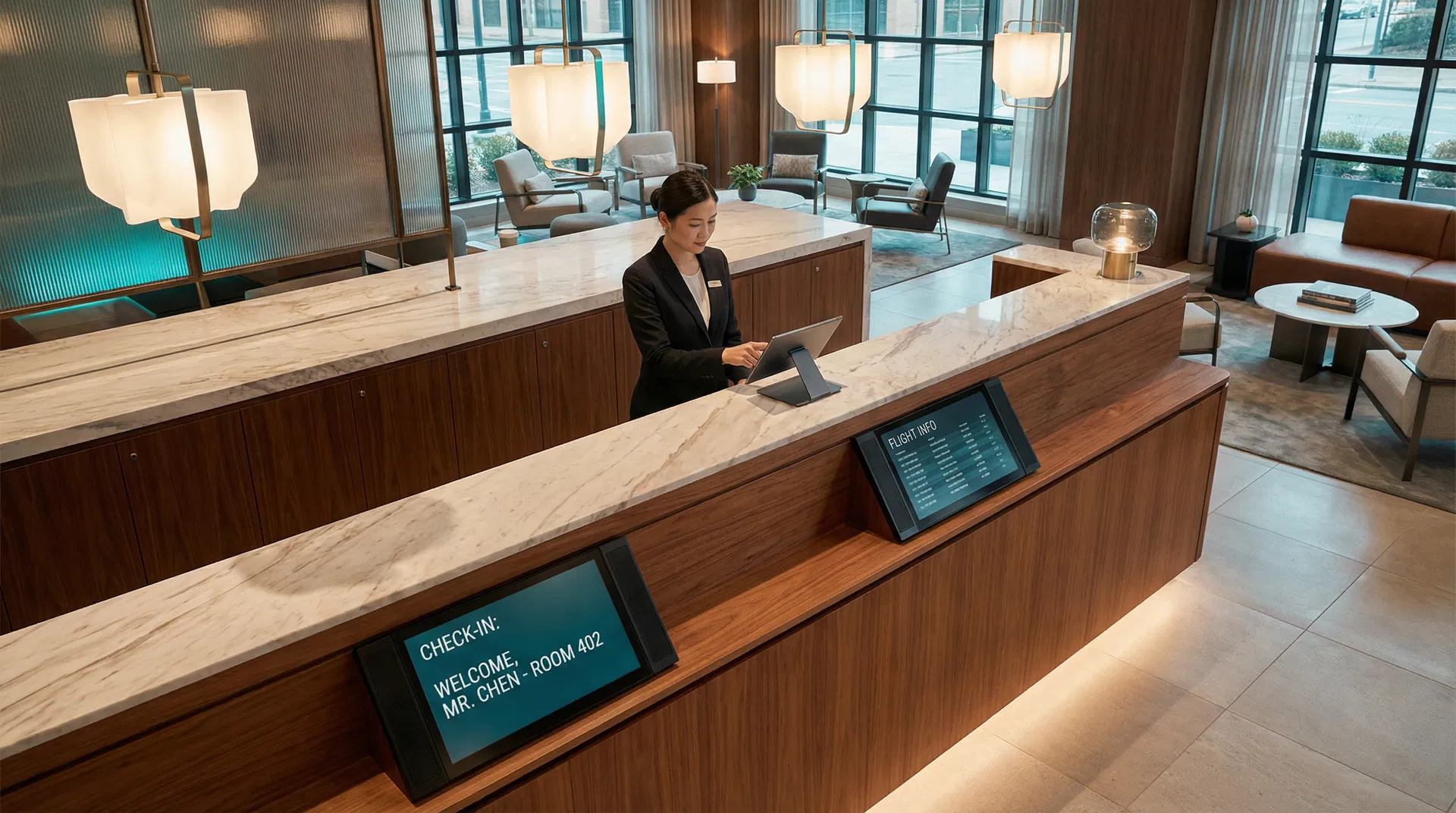 Moderne Hotel-Rezeption mit integrierter Technologie