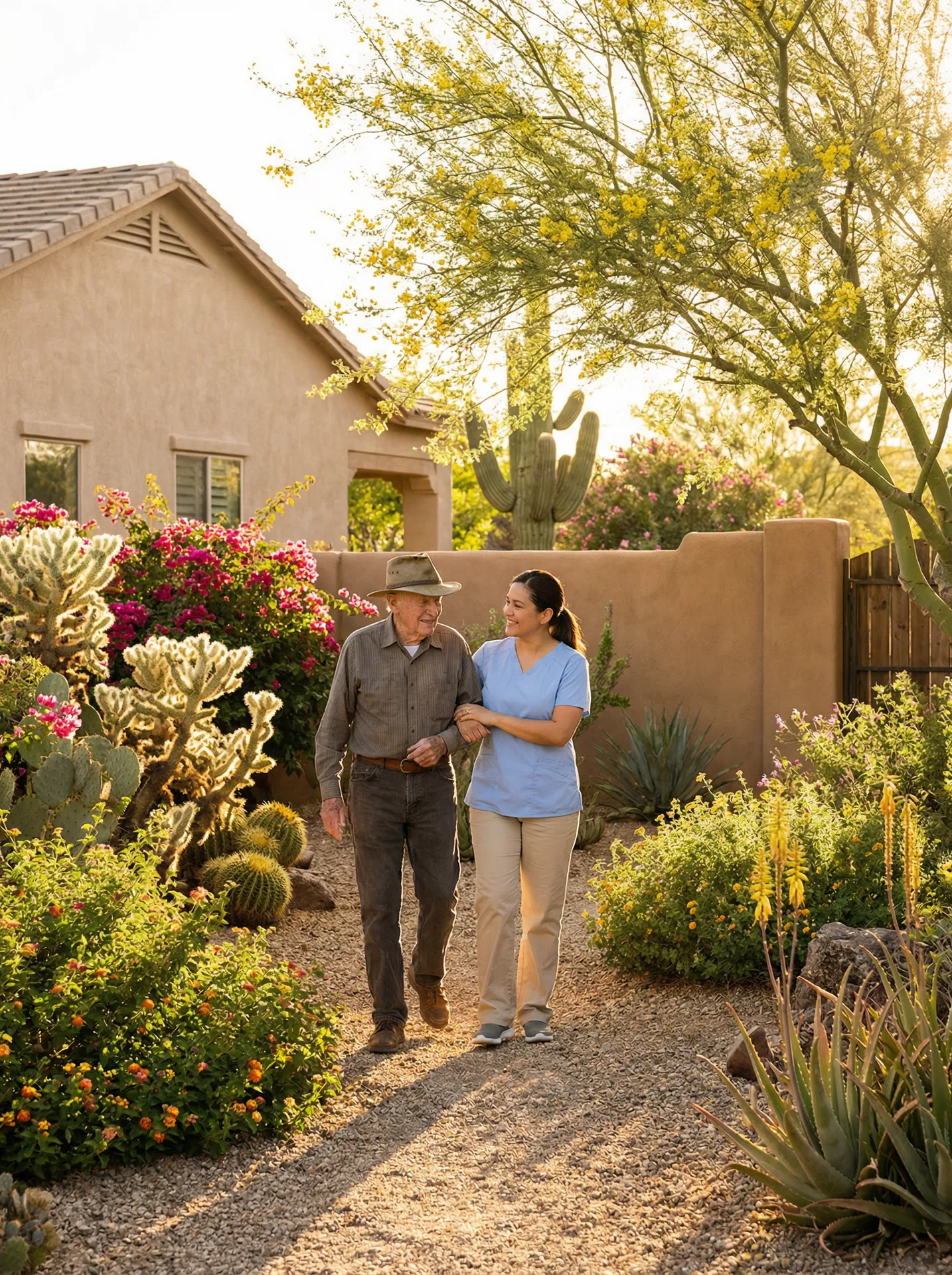 Caregiver walking with senior in Arizona desert garden