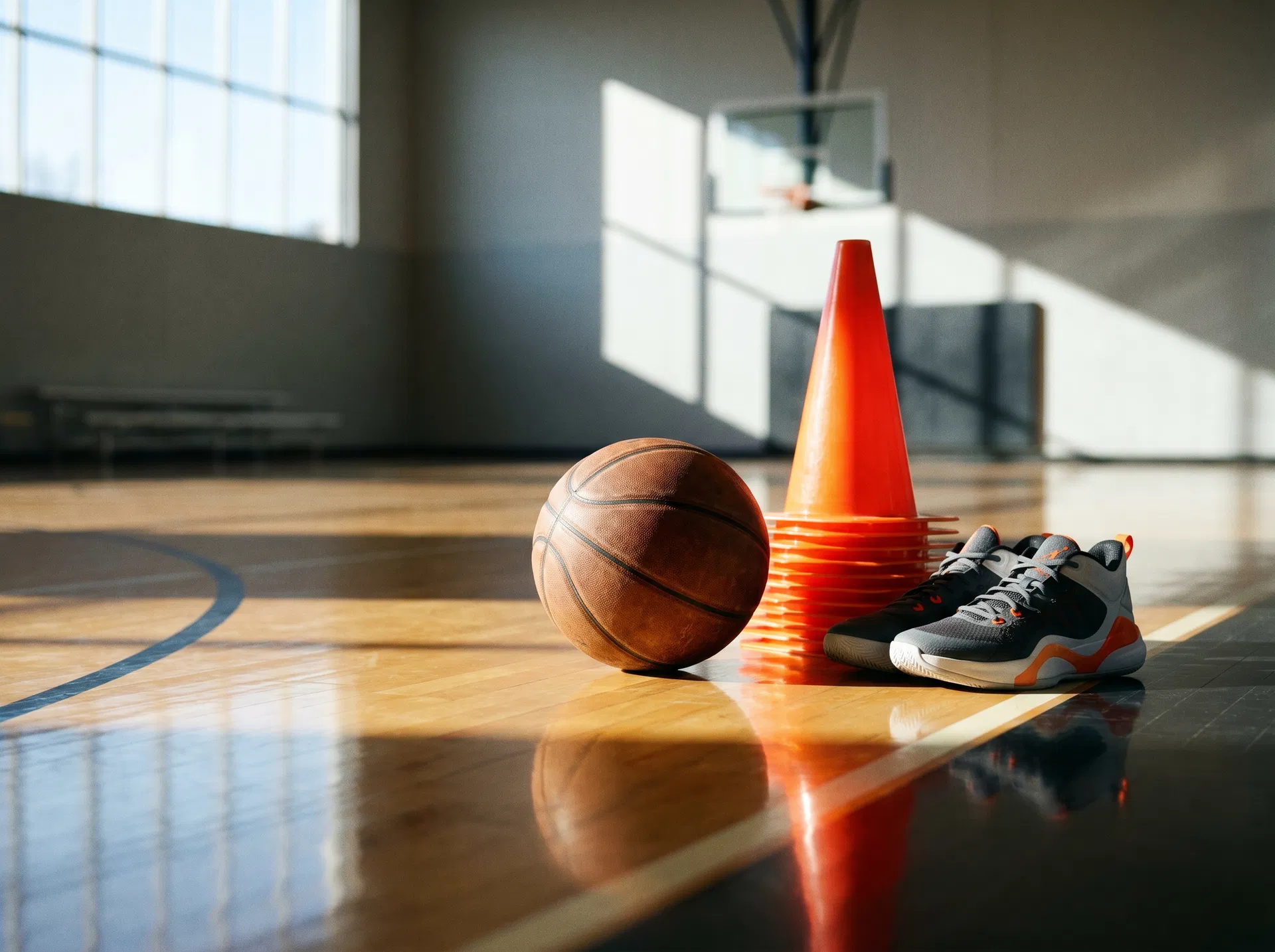 Basketball, cones, and shoes on an indoor court