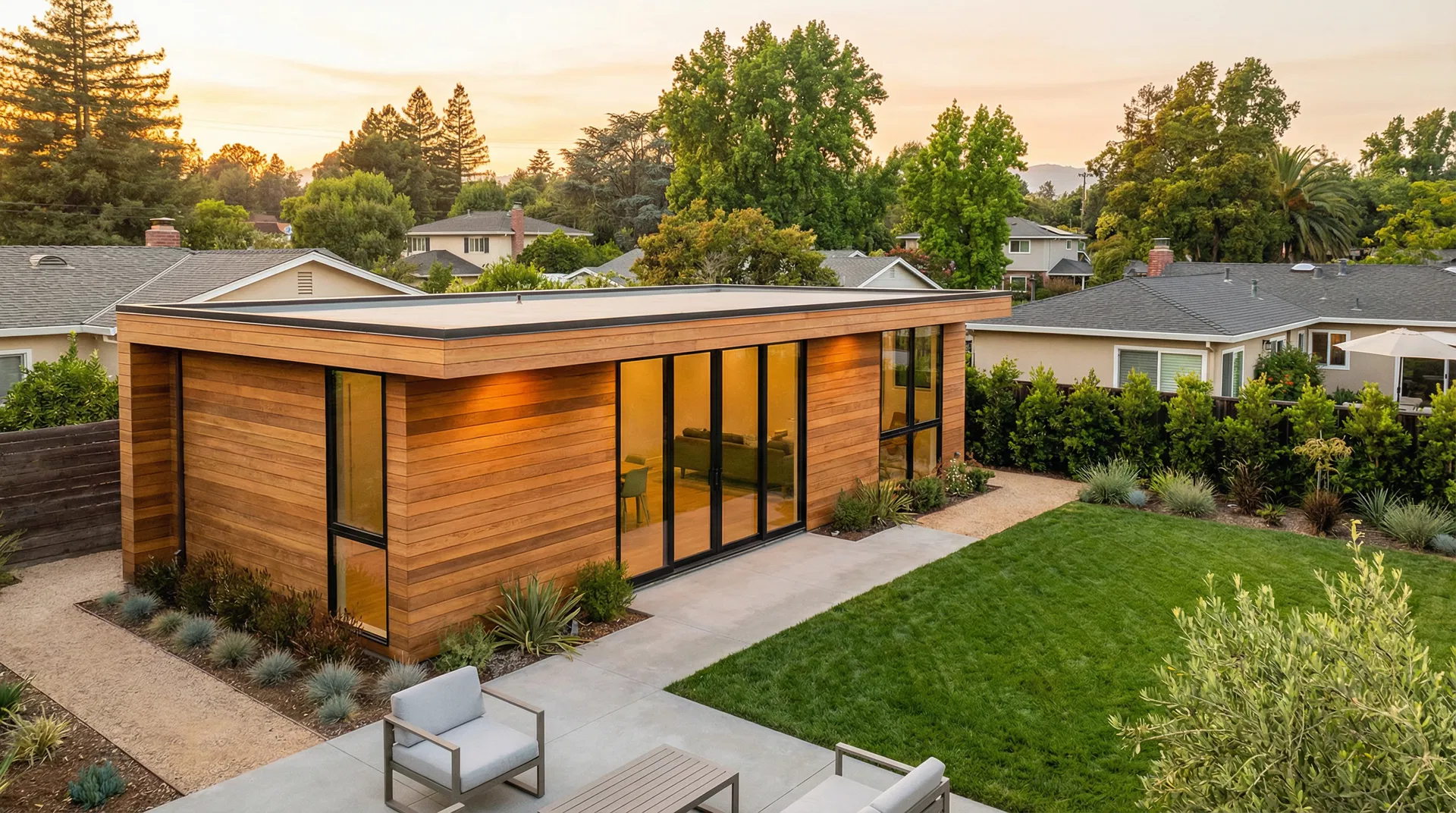 Modern ADU with wood cladding at golden hour