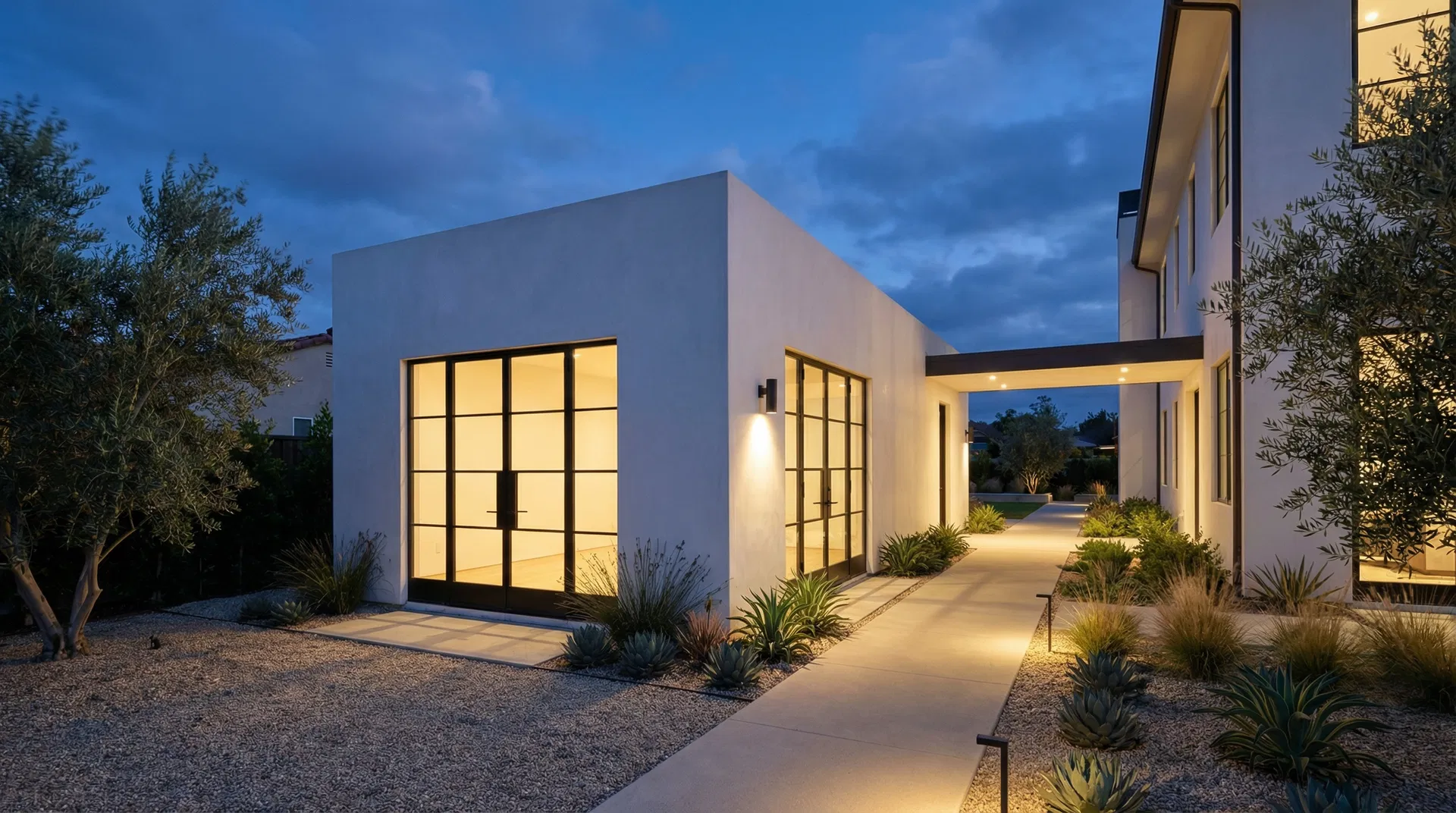 Contemporary white stucco ADU at blue hour