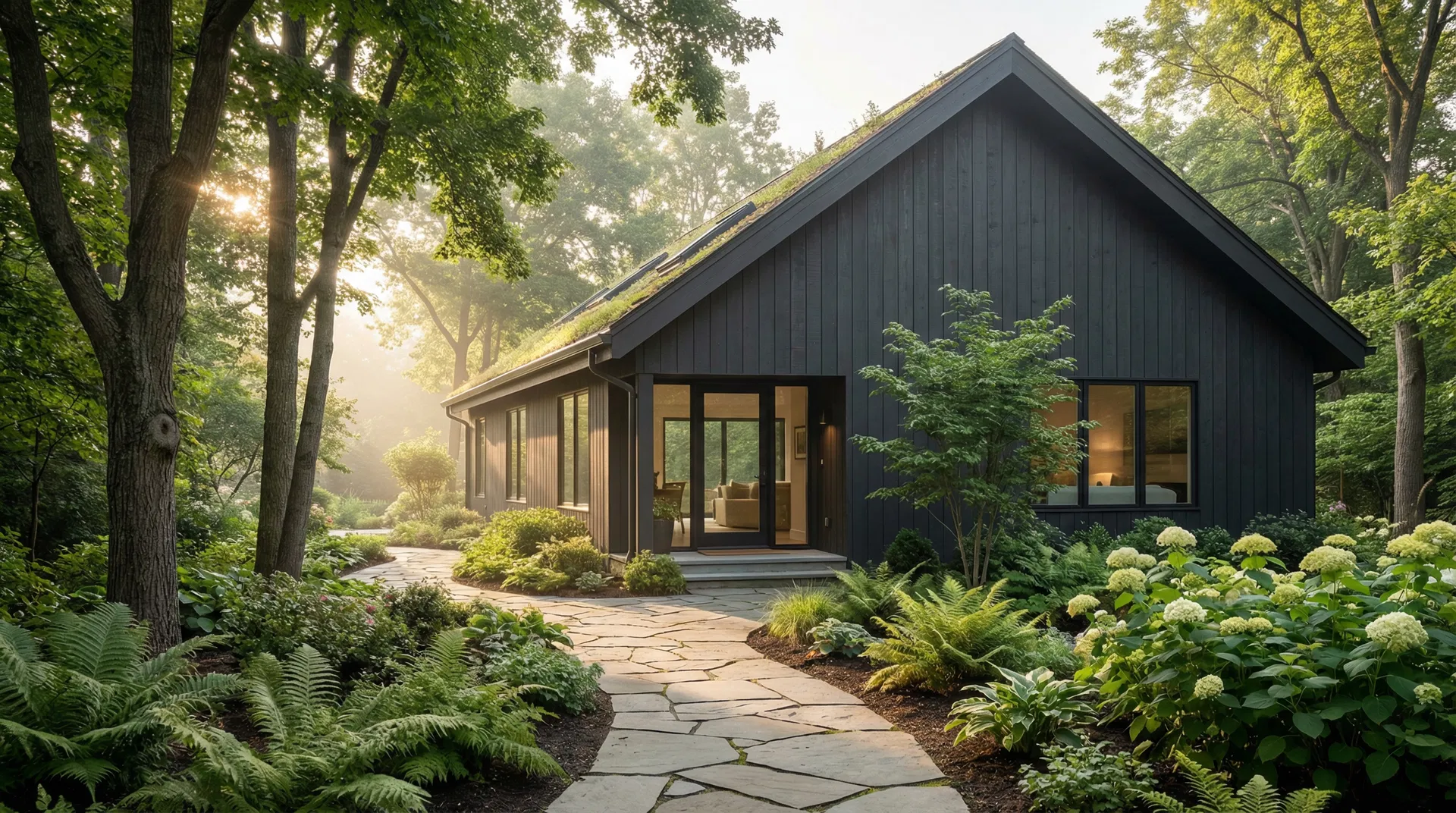 Scandinavian dark wood ADU in lush garden