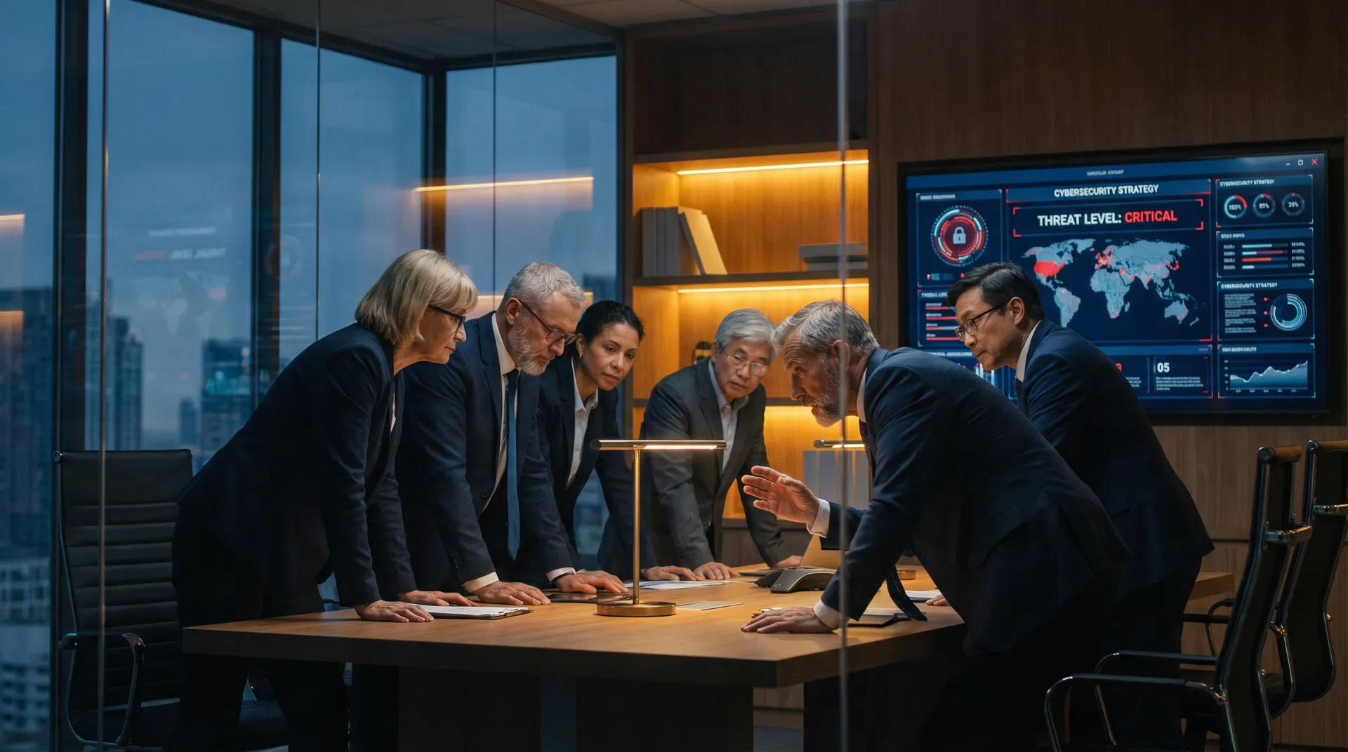 Senior executives in a cybersecurity strategy boardroom meeting