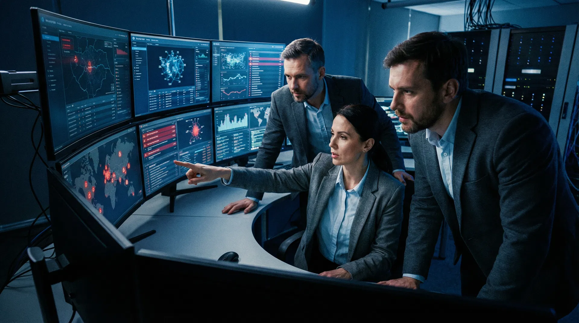 Cybersecurity operations team monitoring threats in a security operations center