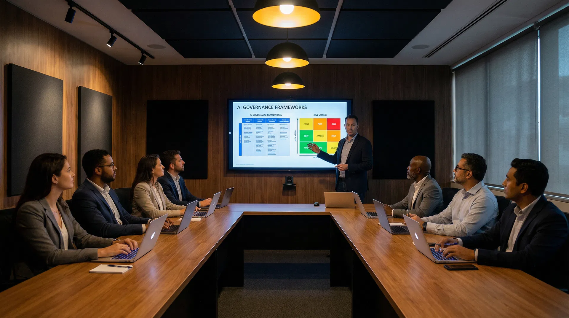 Executive cybersecurity training workshop with diverse business professionals