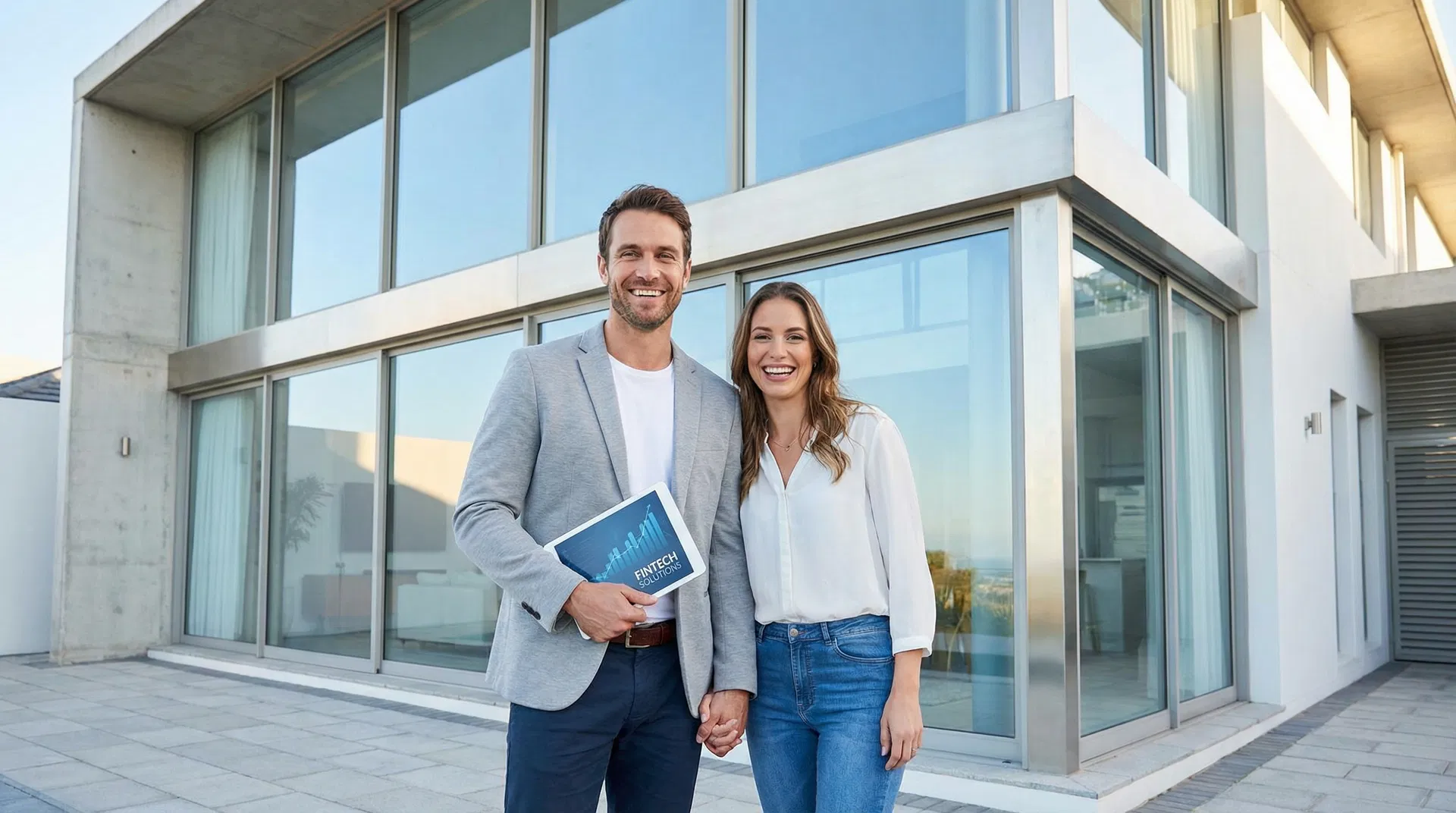 Casal feliz em frente a casa moderna