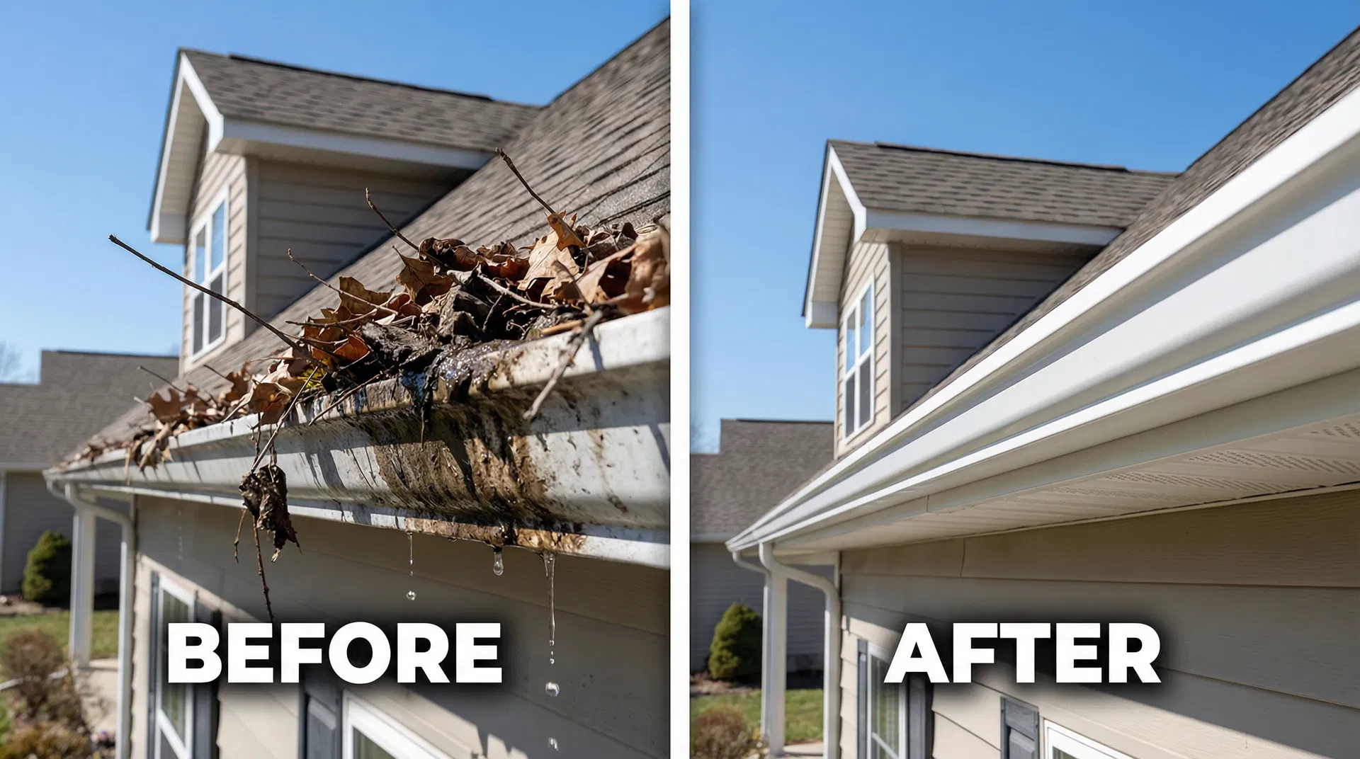 Before and after gutter cleaning