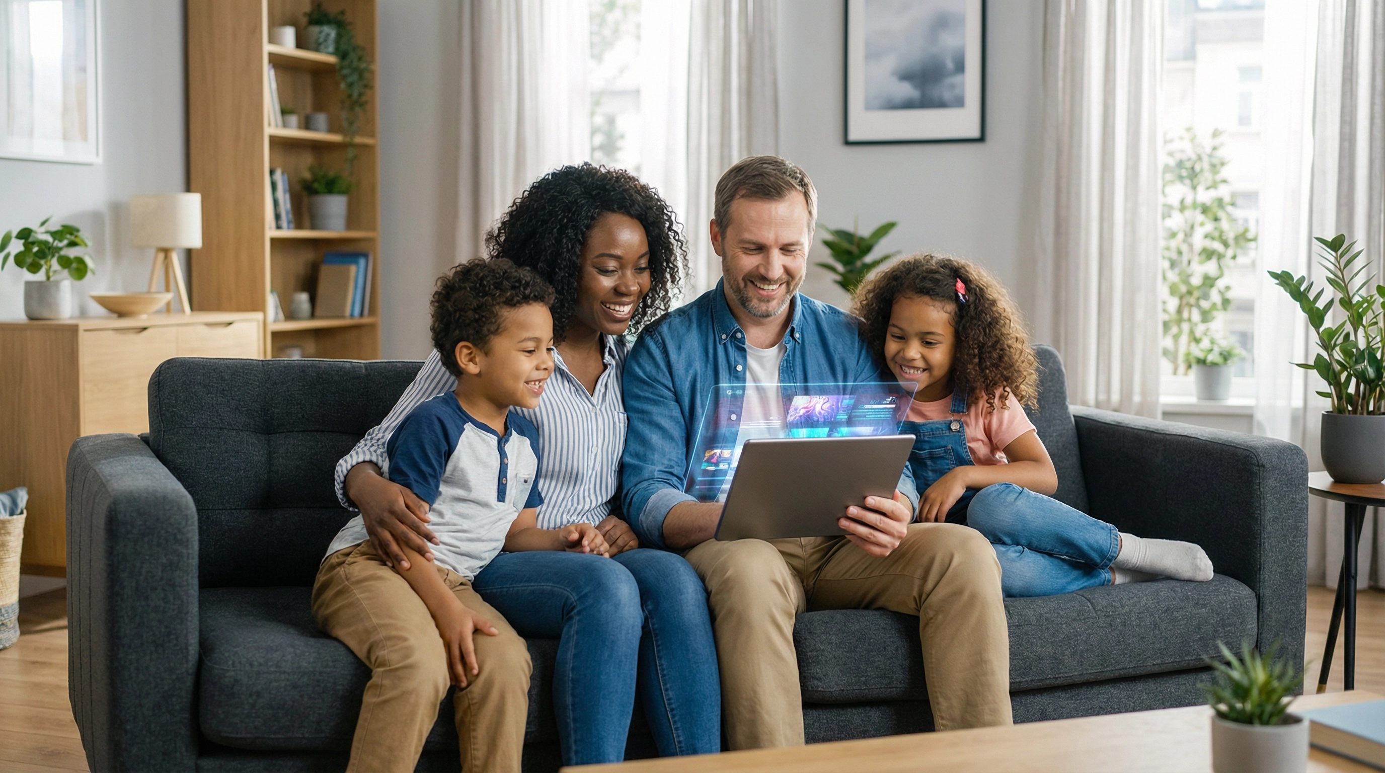 Happy family enjoying R&D Home Solutions fiber internet