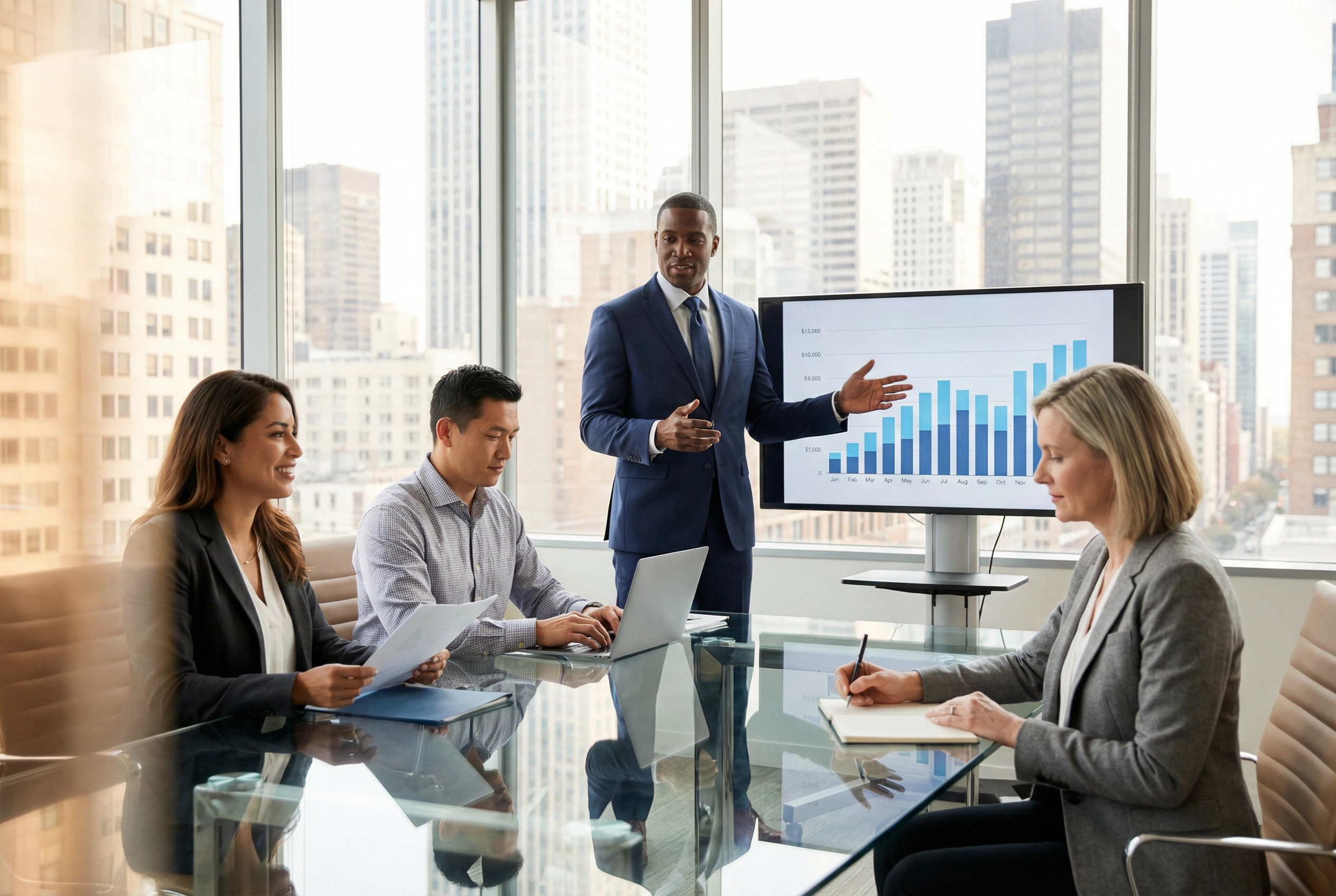 Diverse founders in a boardroom strategy session