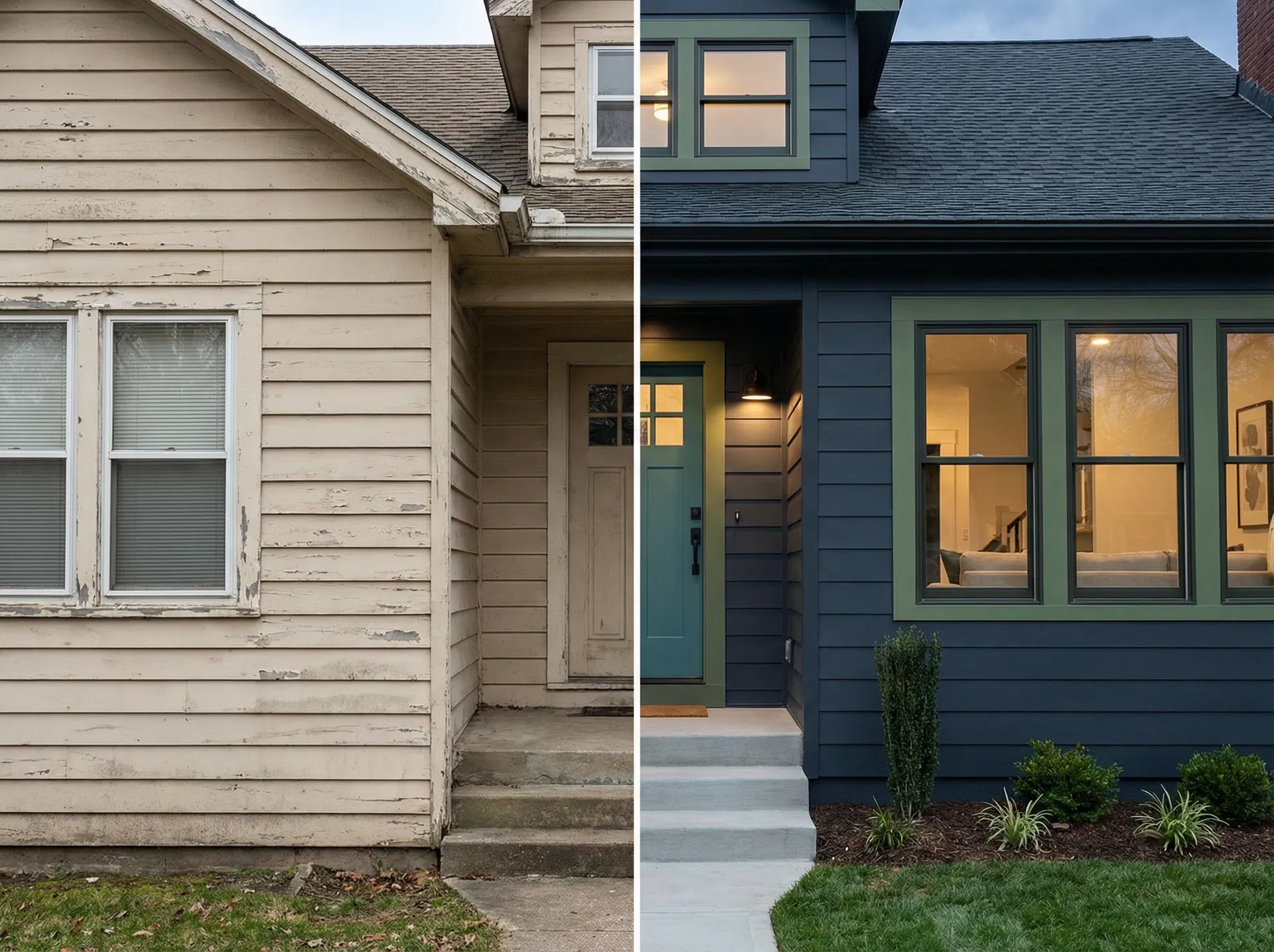 Antes e depois de pintura residencial externa - transformação completa de fachada por Mãos de Mestre Pinturas