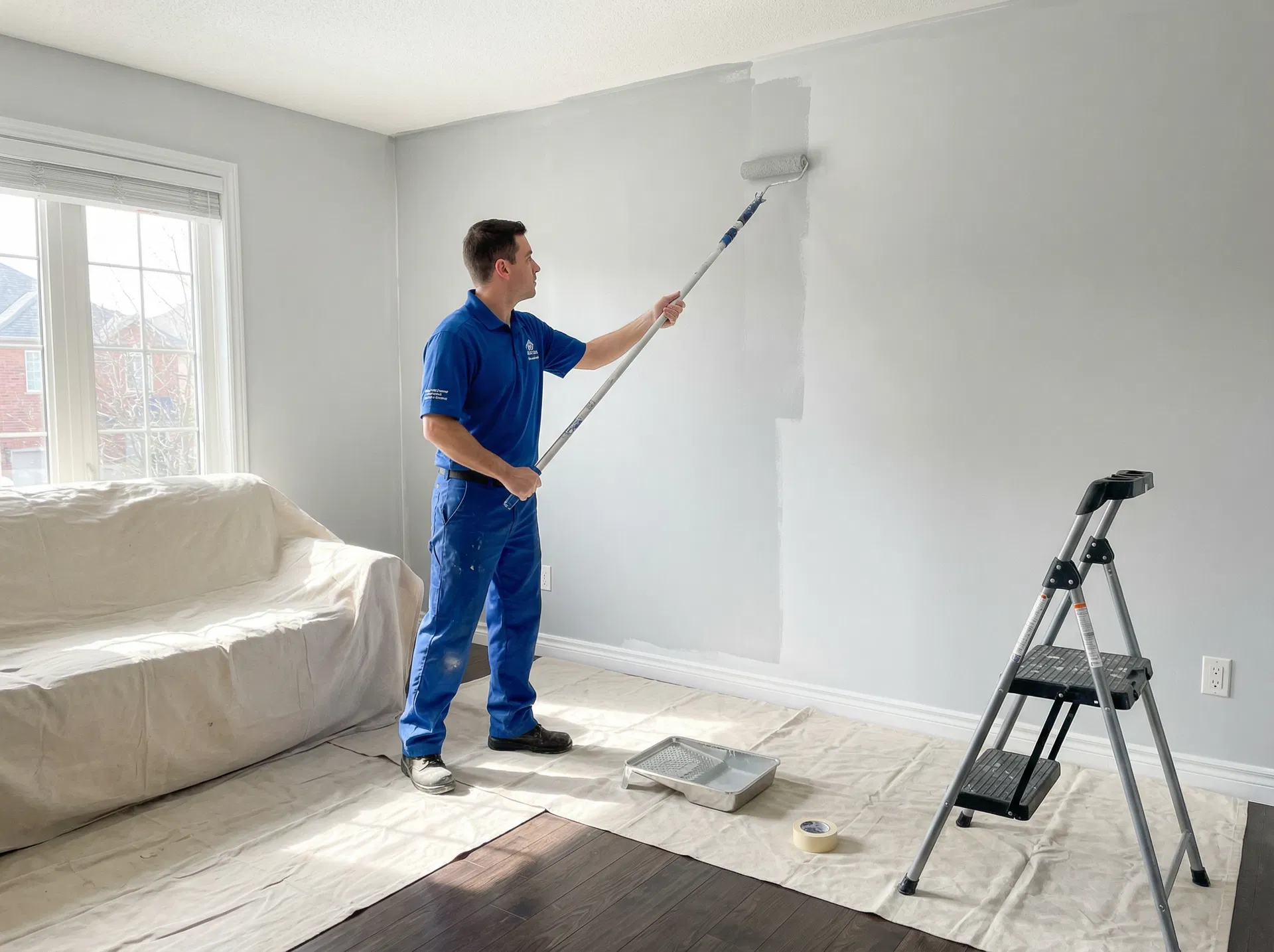 Pintor profissional realizando pintura residencial interna com rolo de pintura