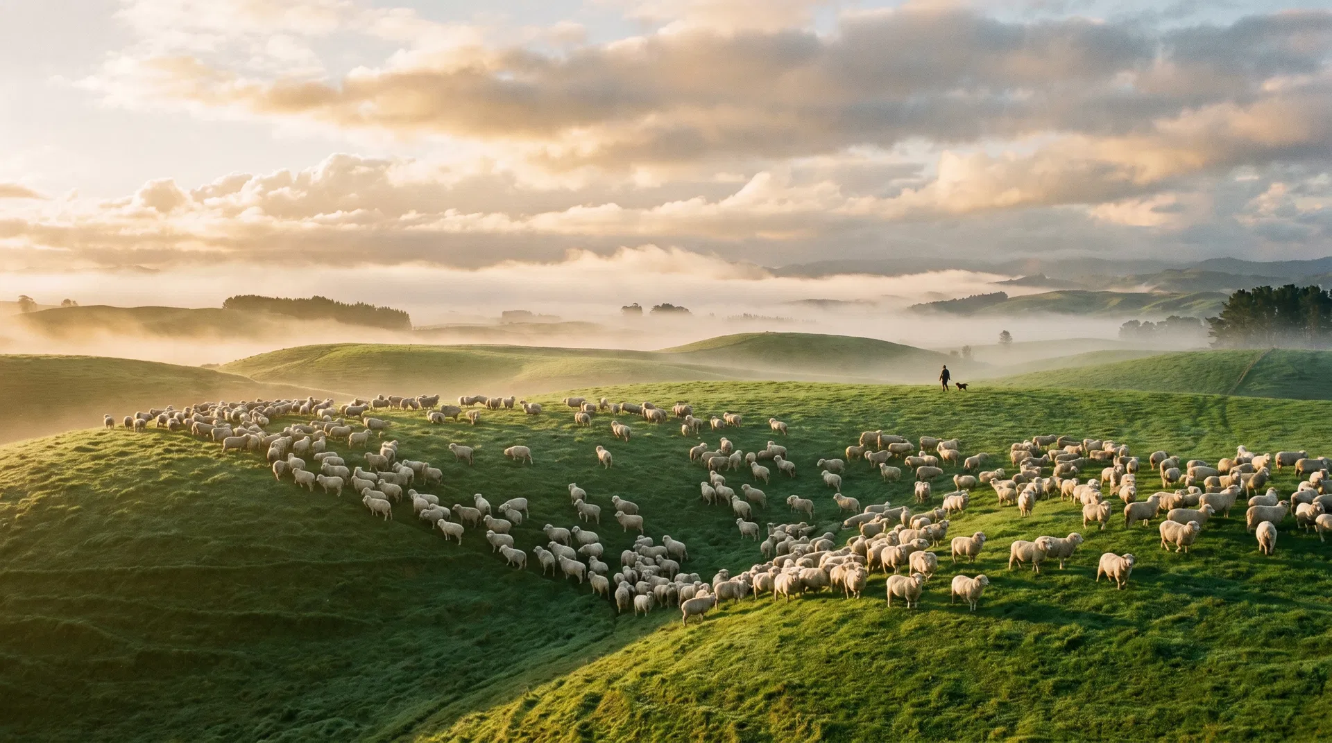 Merino sheep flock on green pasture — the source of Woolflow fabric