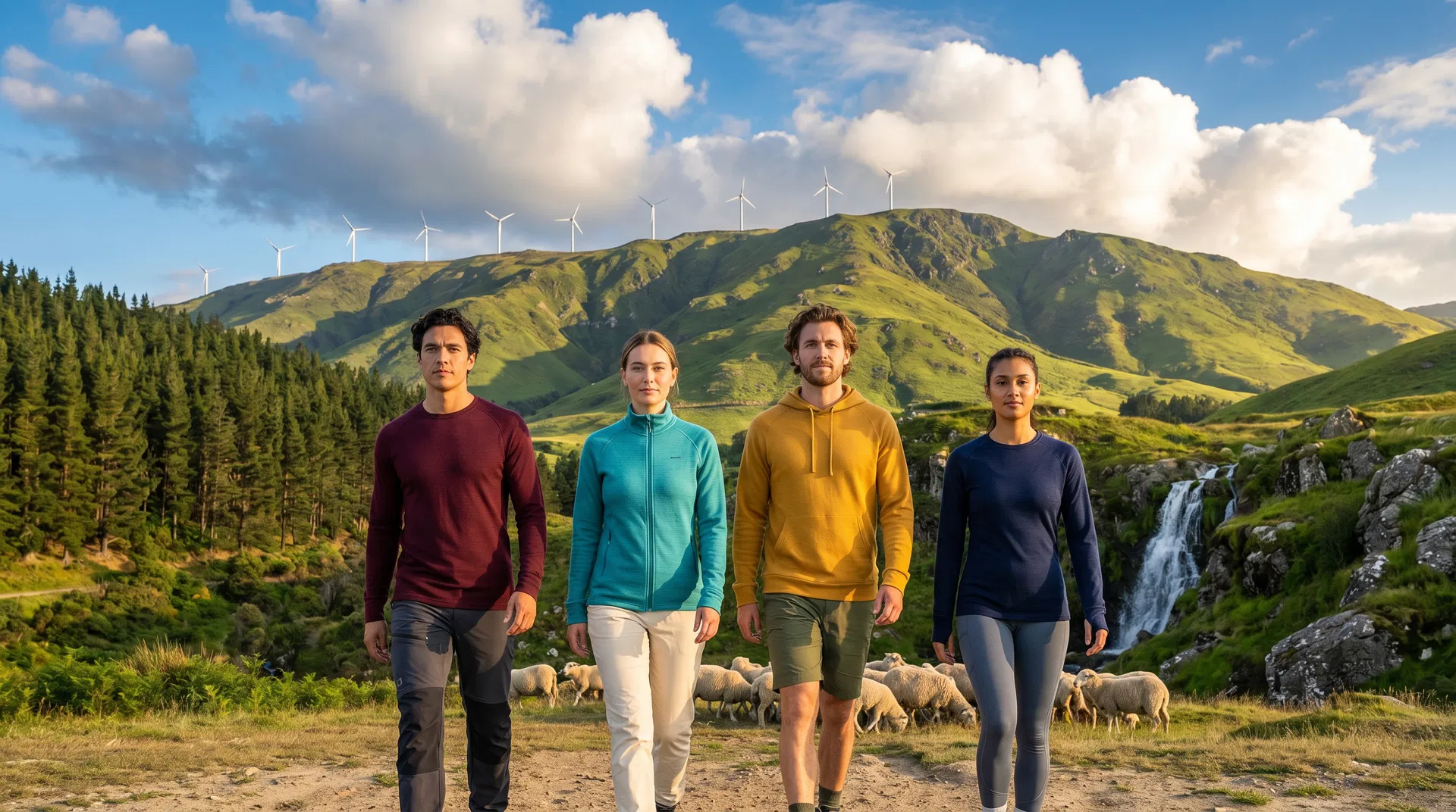 Woolflow — group of hikers in colorful merino wool outfits with hills, turbines, waterfall and sheep
