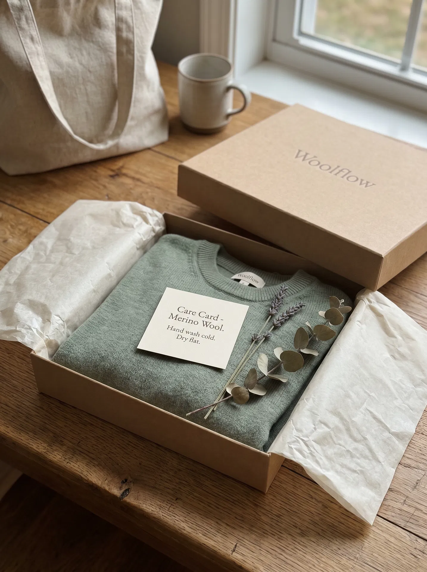 Woolflow premium sustainable packaging — kraft box with sage green merino garment