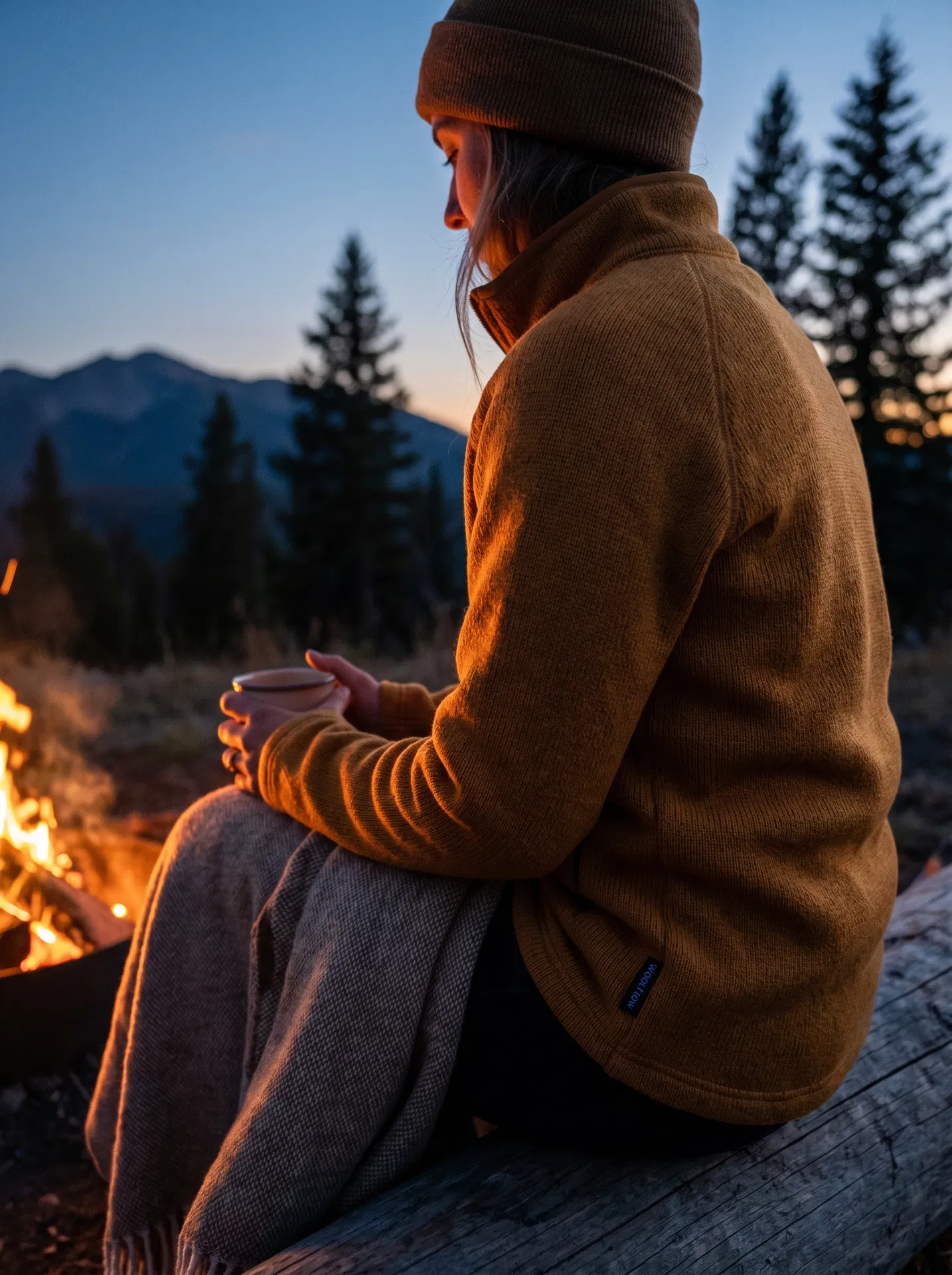 Woolflow merino amber midlayer by campfire — warmer than cotton, lighter than fleece
