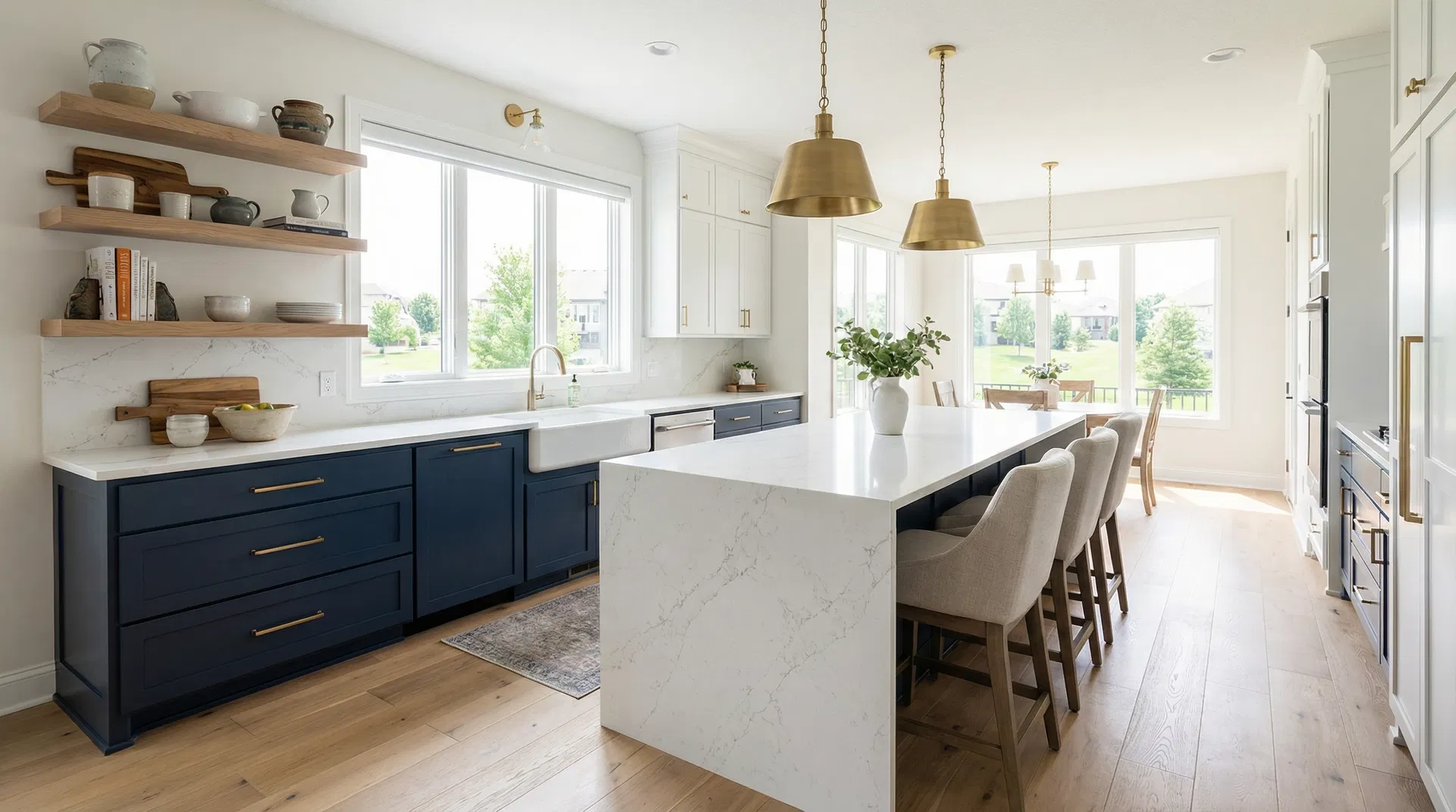Modern farmhouse kitchen remodel in Lenexa KS with navy cabinets and white quartz countertops