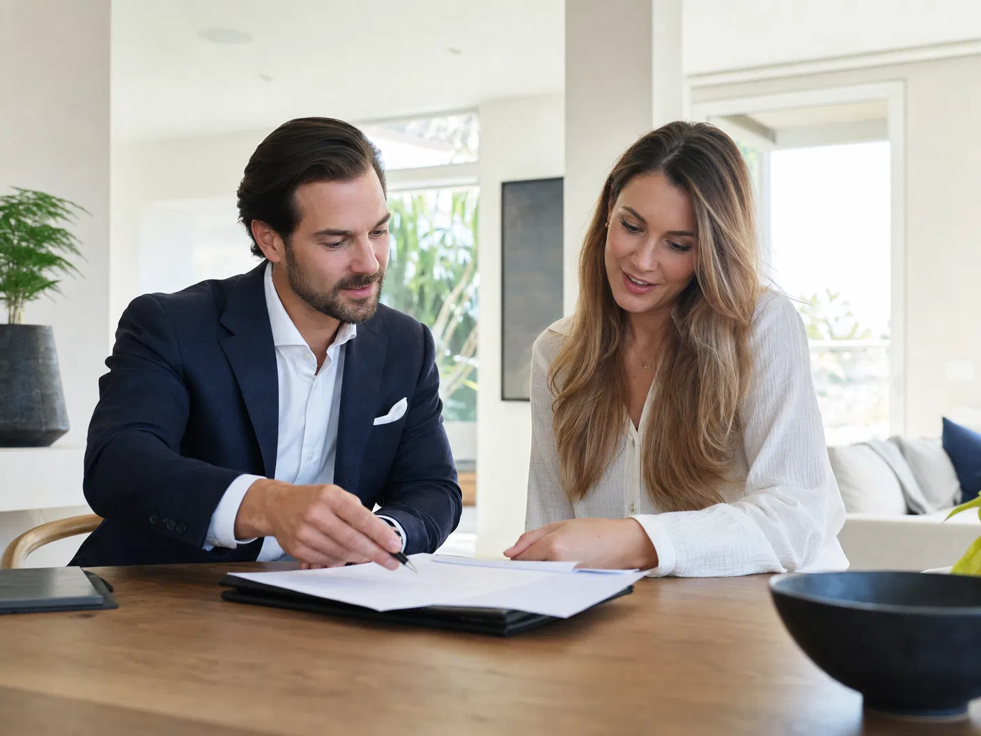 Real estate broker reviewing options with a homeowner in the Inland Empire