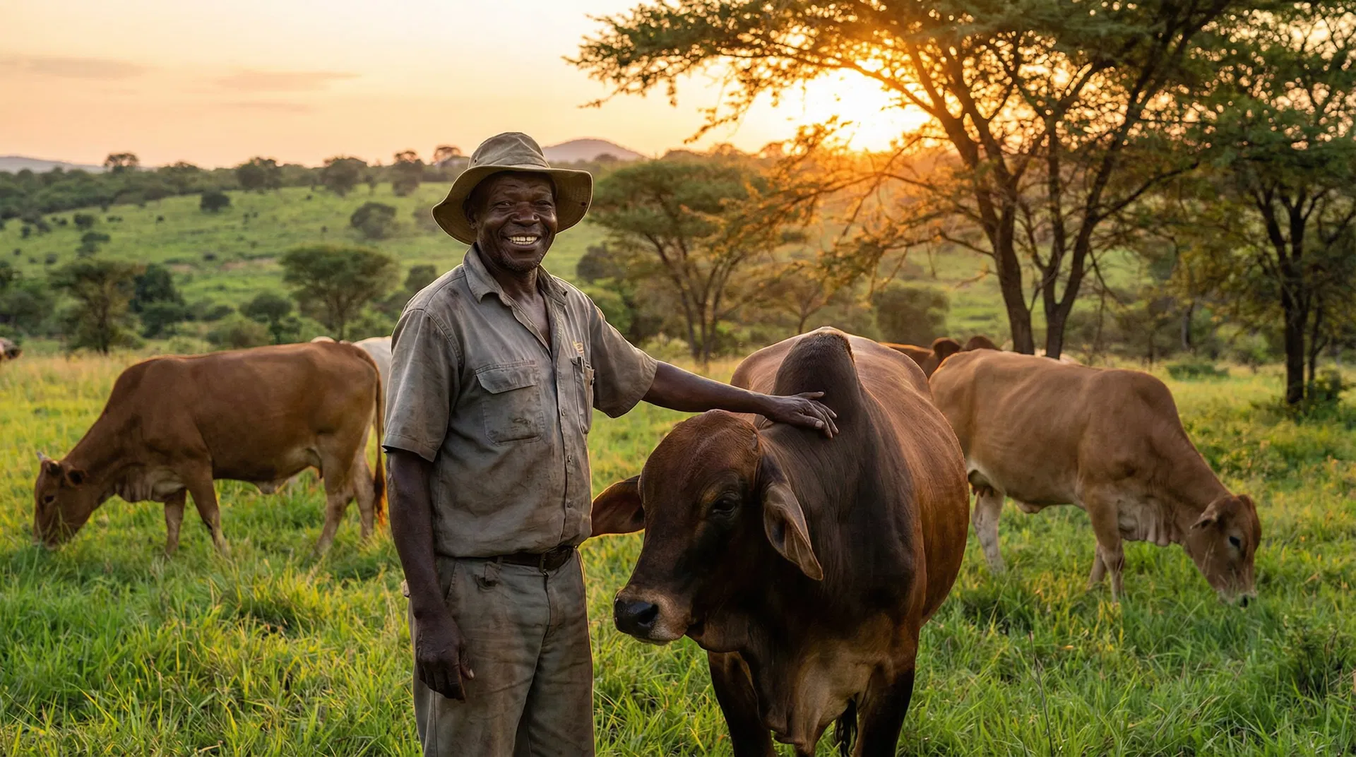 Zambian farmer with healthy cattle