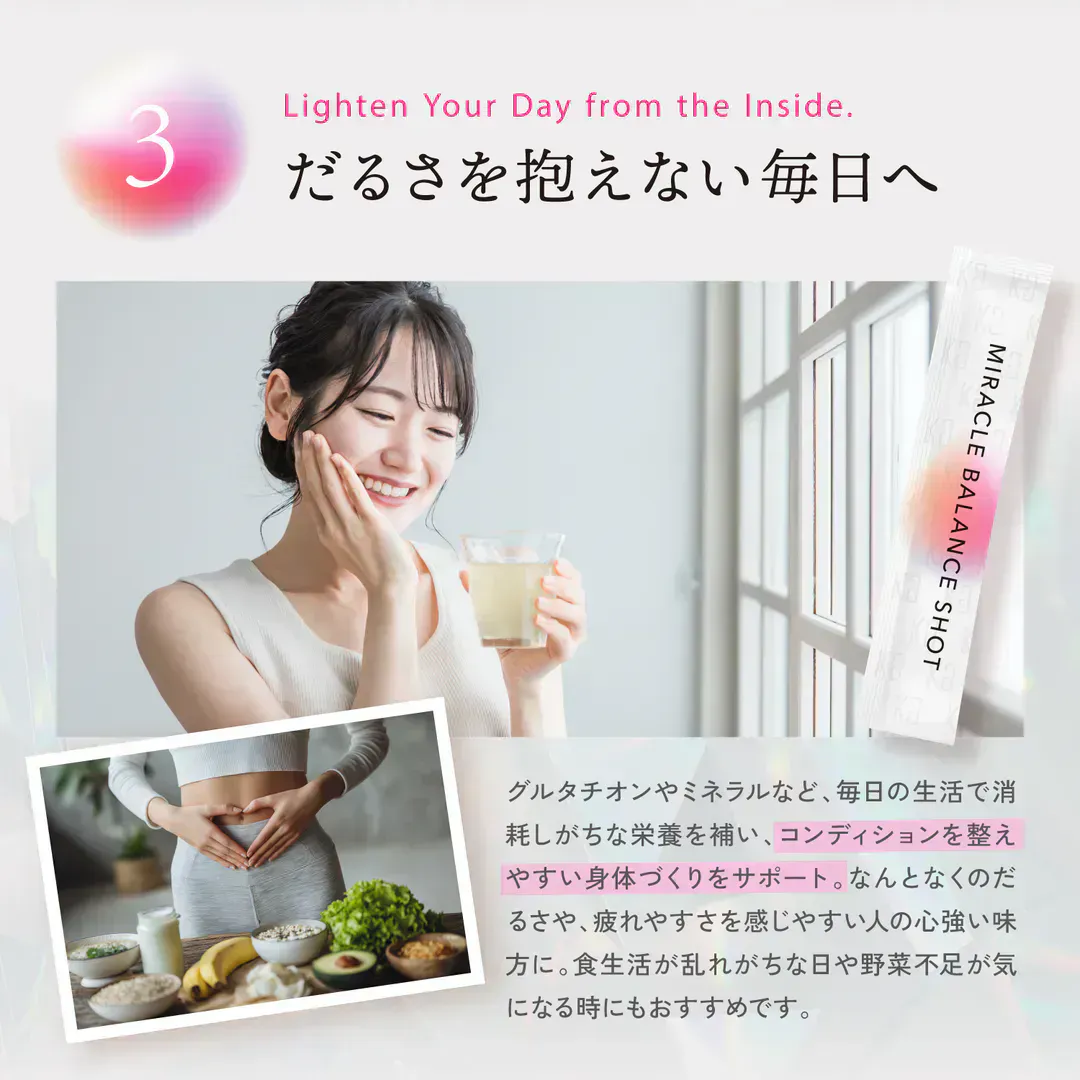 KYOGOKU 腸活ミラクルバランスショットの機能説明3。だるさを抱えない毎日へ。笑顔でドリンクを飲む女性と、腸活を意識した食事のイメージ。グルタチオンやミネラルについて説明。