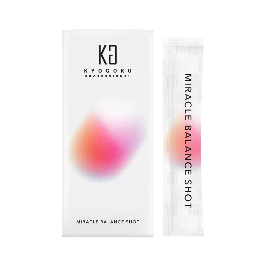 KYOGOKU 腸活ミラクルバランスショットのパッケージ全体画像。外箱と個包装のスティックが白背景に配置されている。