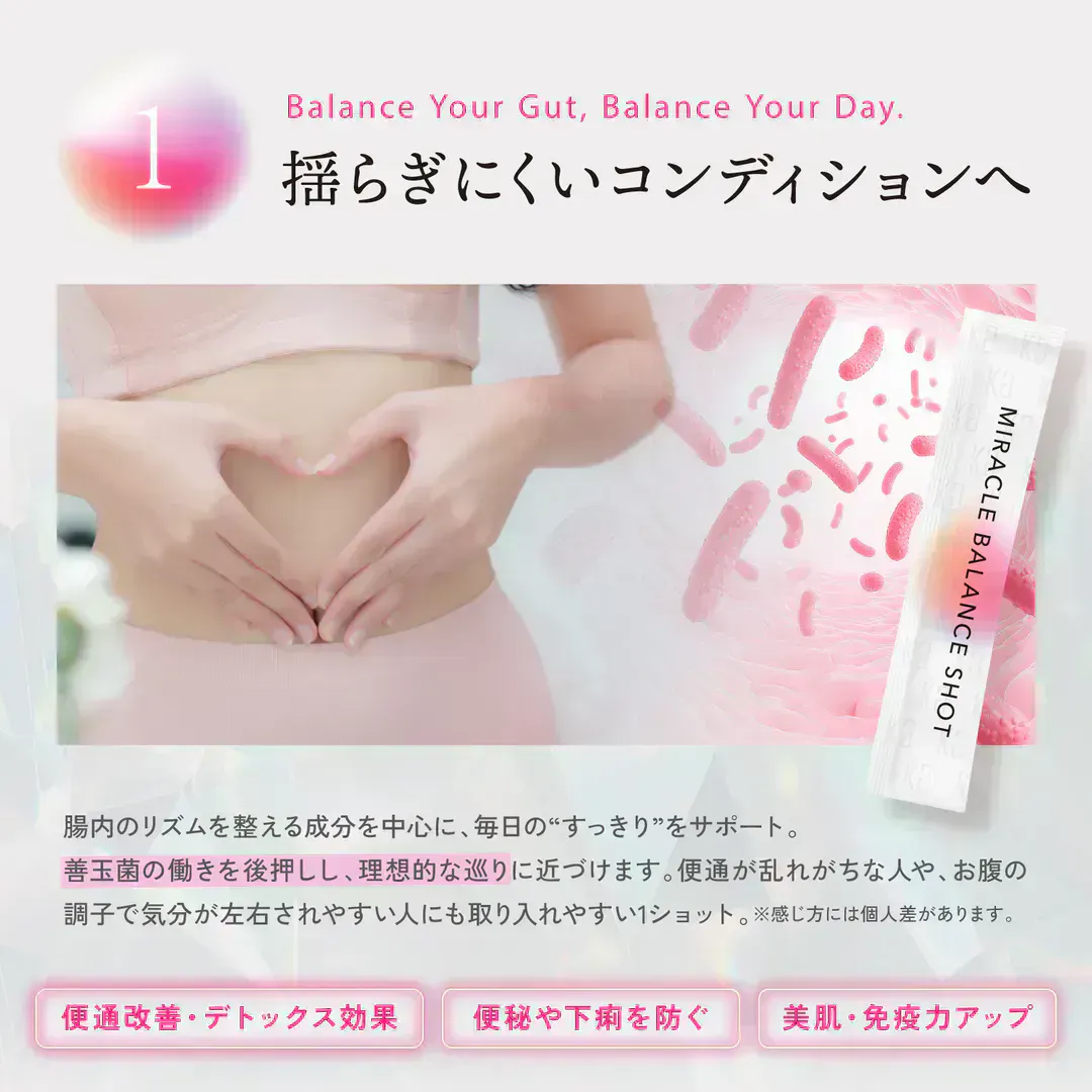 KYOGOKU 腸活ミラクルバランスショットの機能説明1。お腹に手を当てる女性のイラストと、腸内環境、善玉菌の働き、便通改善、デトックス効果、美肌・免疫力アップに関する説明。