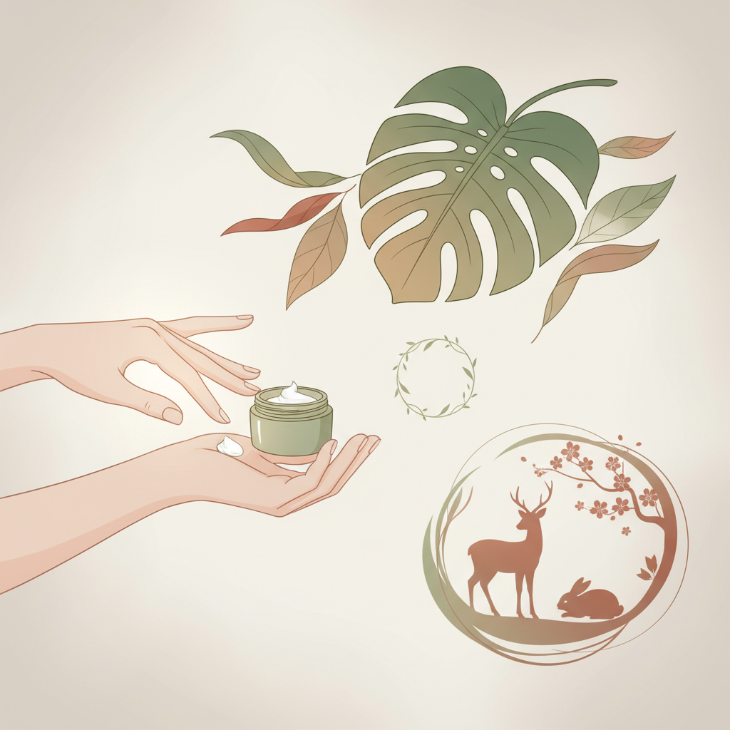 ビーガンコスメの倫理、環境、肌への優しさを象徴するイラスト