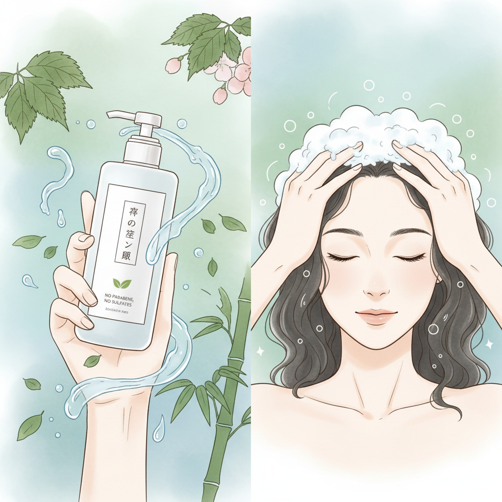 無添加シャンプーの定義とメリットを示すイラスト、刺激の少ない成分と健康な頭皮