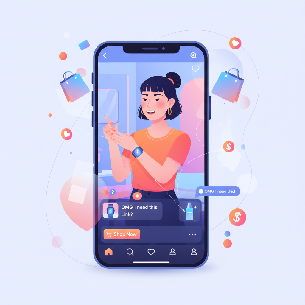 TikTok Shopのソーシャルコマース機能を示すスマートフォン画面。動画内で商品が紹介され、購入ボタンや商品タグが表示されている。