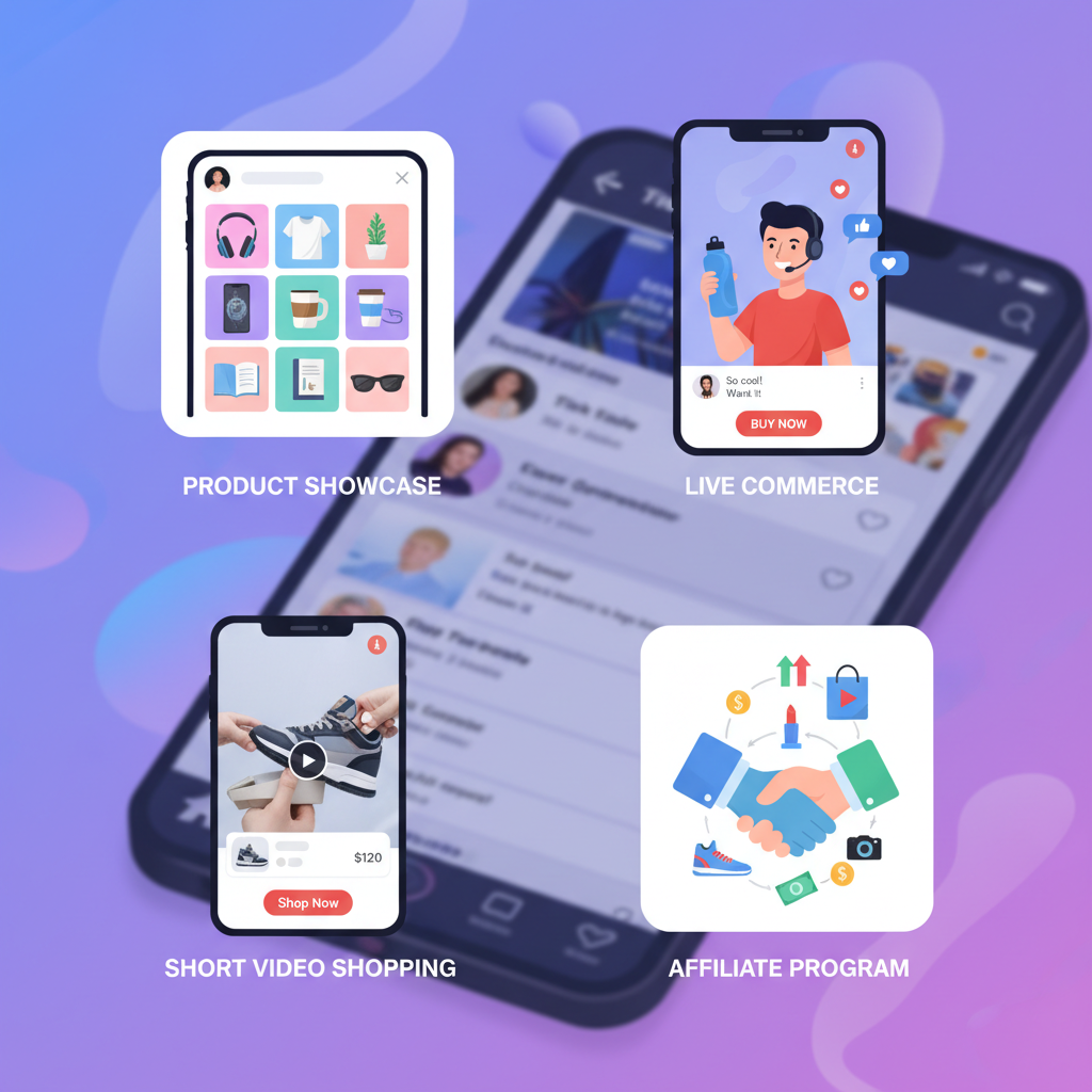 TikTok Shopの主要機能（商品紹介動画、ライブコマース、商品ショーケース、アフィリエイト）の図解
