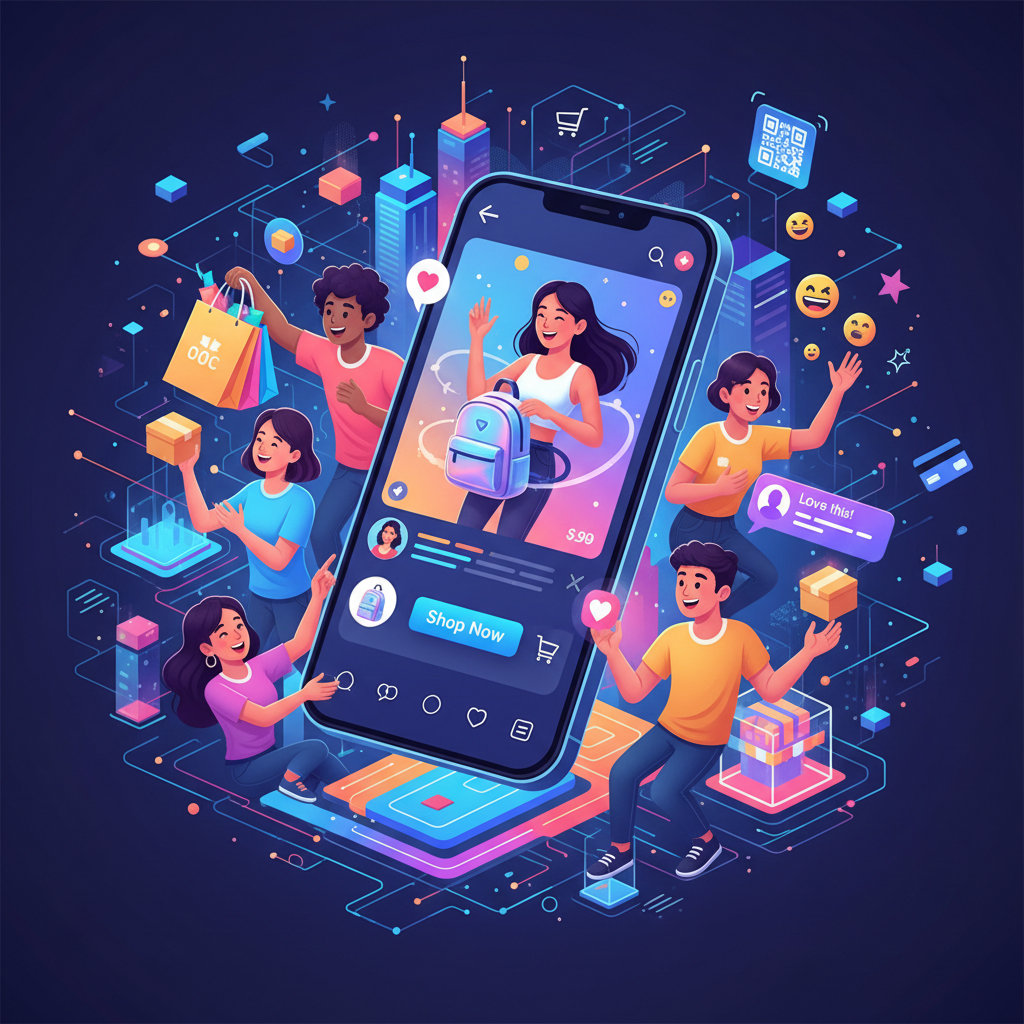 TikTok Shopの概念図：スマートフォンで商品動画を見ながらショッピングする若者たち