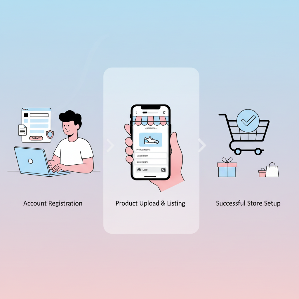 TikTok Shopの出店方法を示すイラスト。アカウント登録、商品登録、ストア設定のステップが描かれている。