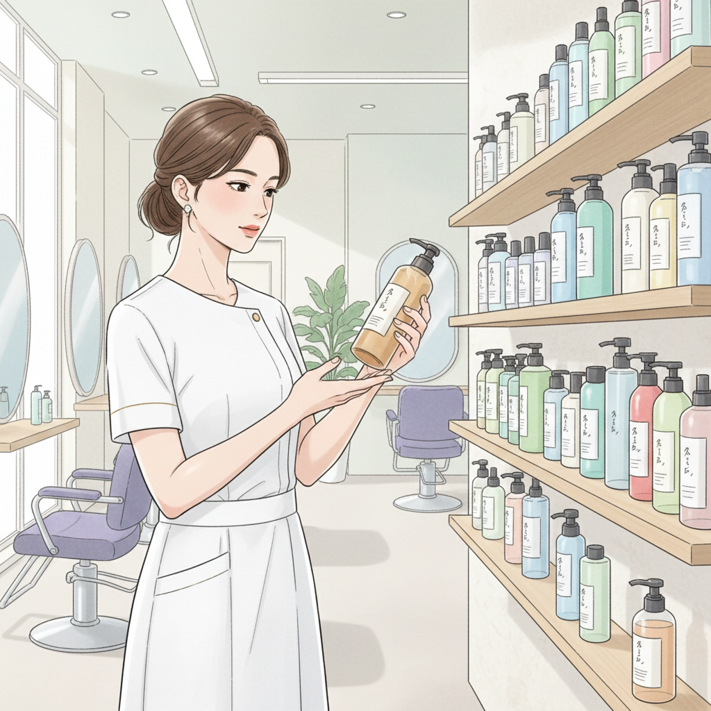美容師がアミノ酸シャンプーの成分表示をチェックしている様子