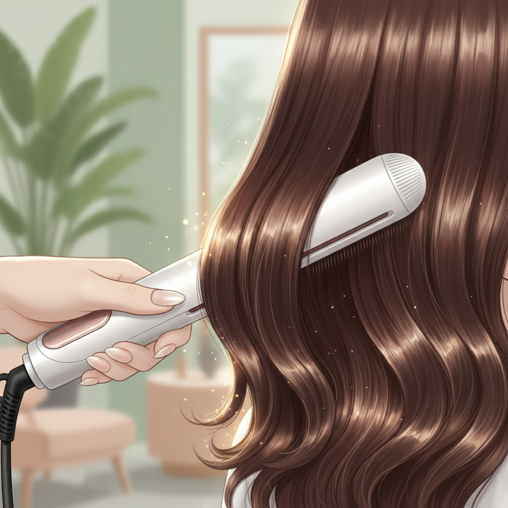 プロ仕様のヘアアイロンで髪をケアし、ツヤとまとまりを出す女性