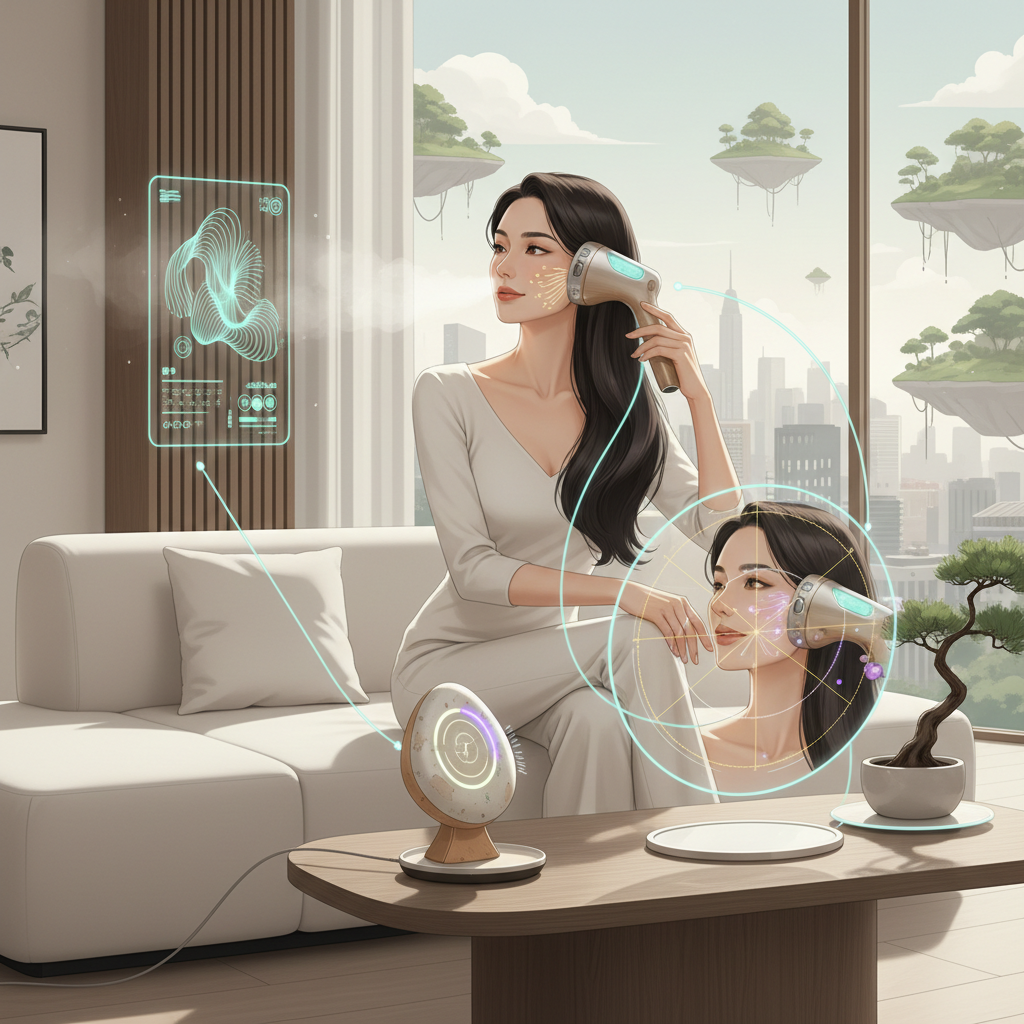 2026年の美容家電トレンドを象徴する、AI搭載の多機能美容家電を使用する女性