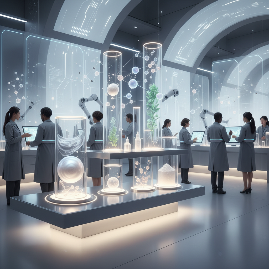 2026年の美容トレンドを象徴する未来的な研究室の様子、進化する美容成分とテクノロジー