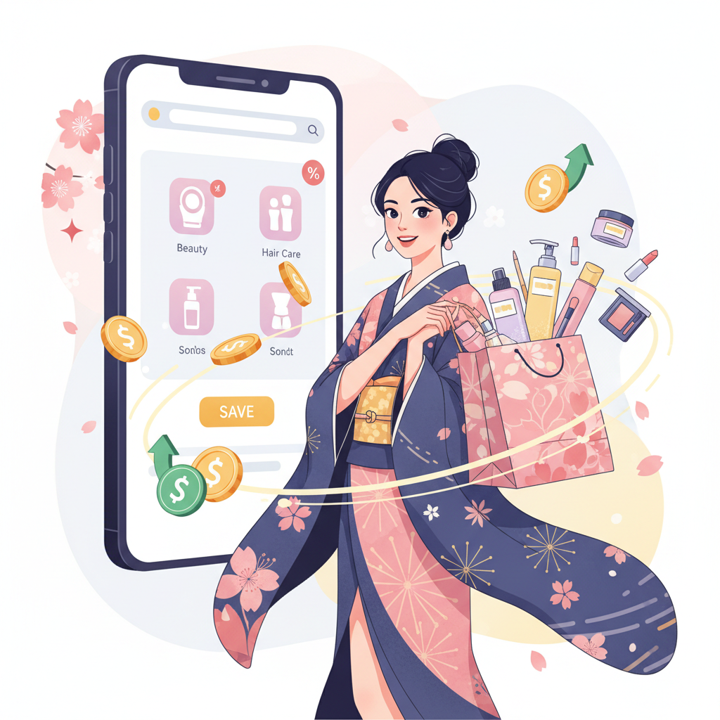 女性が美容品を賢く購入し、キャッシュバックで節約する様子。スマートフォンでキャッシュバックサイトを使い、お得に買い物をするイメージ。