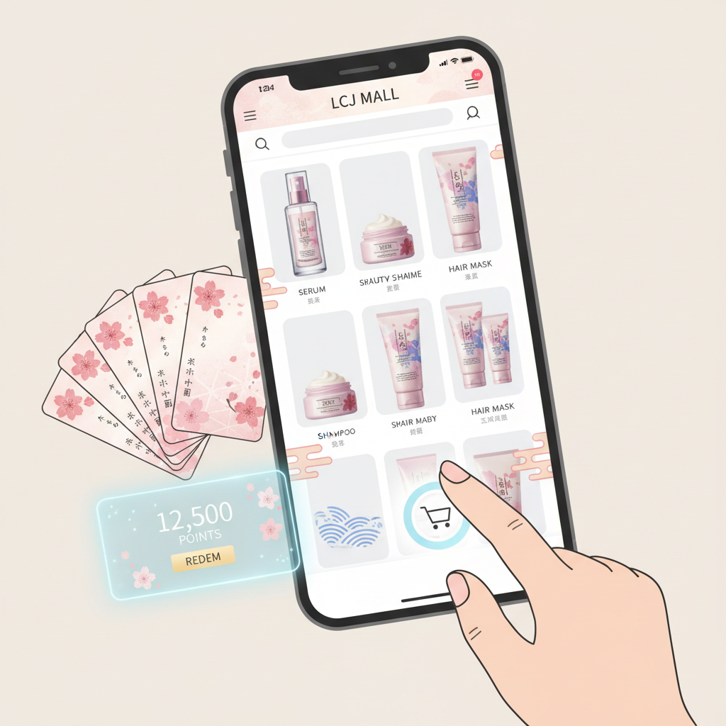 LCJ MALLで美容製品をオンラインショッピングするスマートフォン画面。ポイントカードやポイントのイメージが手前にあり、お得な購入を表現。