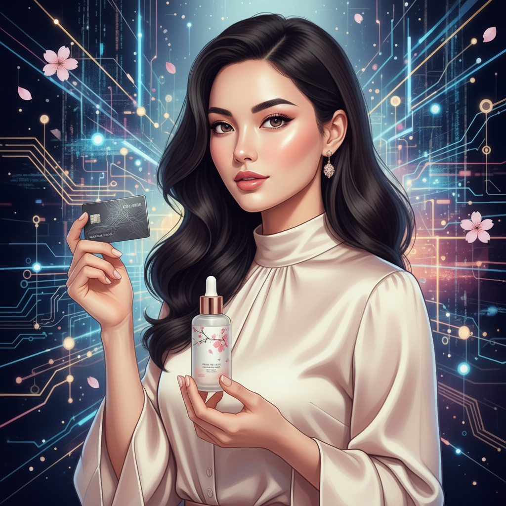 美容とクレジットカードポイント活用術のイメージ。洗練された女性がクレジットカードと美容製品を持ち、オンラインショッピングとポイント還元を連想させる背景。