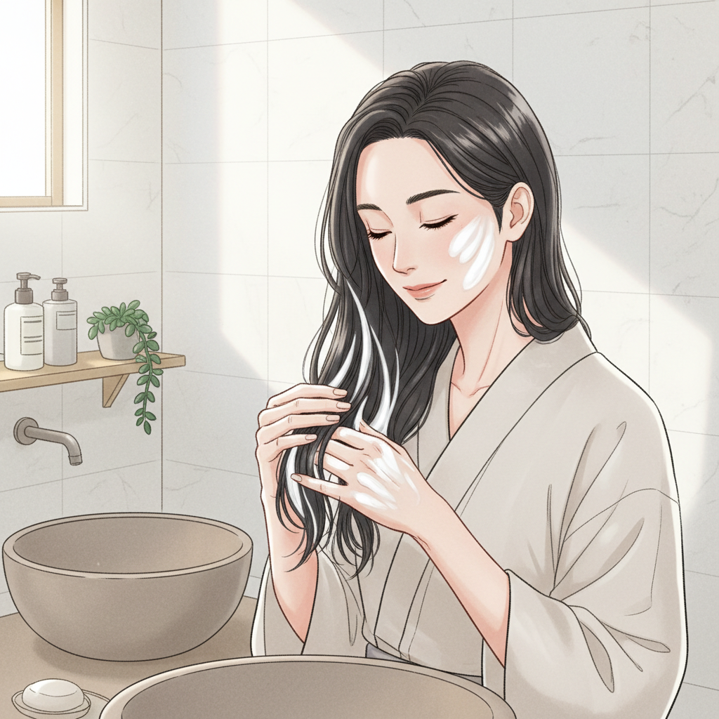 自宅でケラチントリートメントを髪に塗布している女性