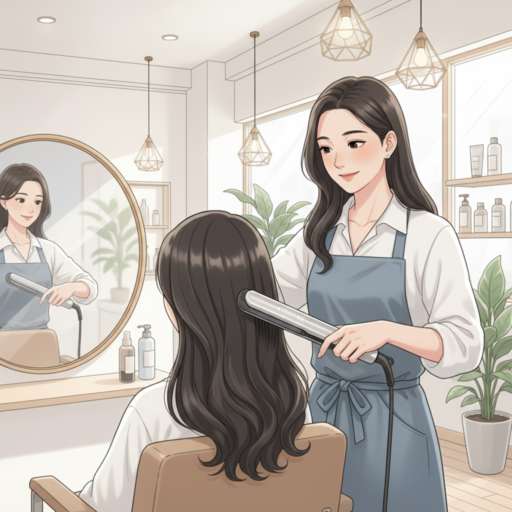 プロの美容師がKYOGOKUアイロンで髪をスタイリングしている様子