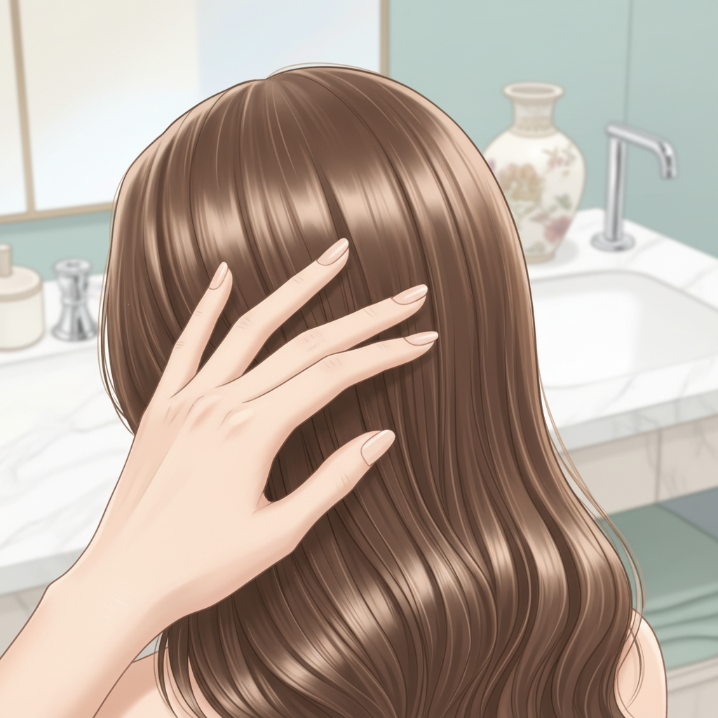 自宅でサロン級のヘアケアを体験し、ツヤとまとまりのある美しい髪に感動する女性