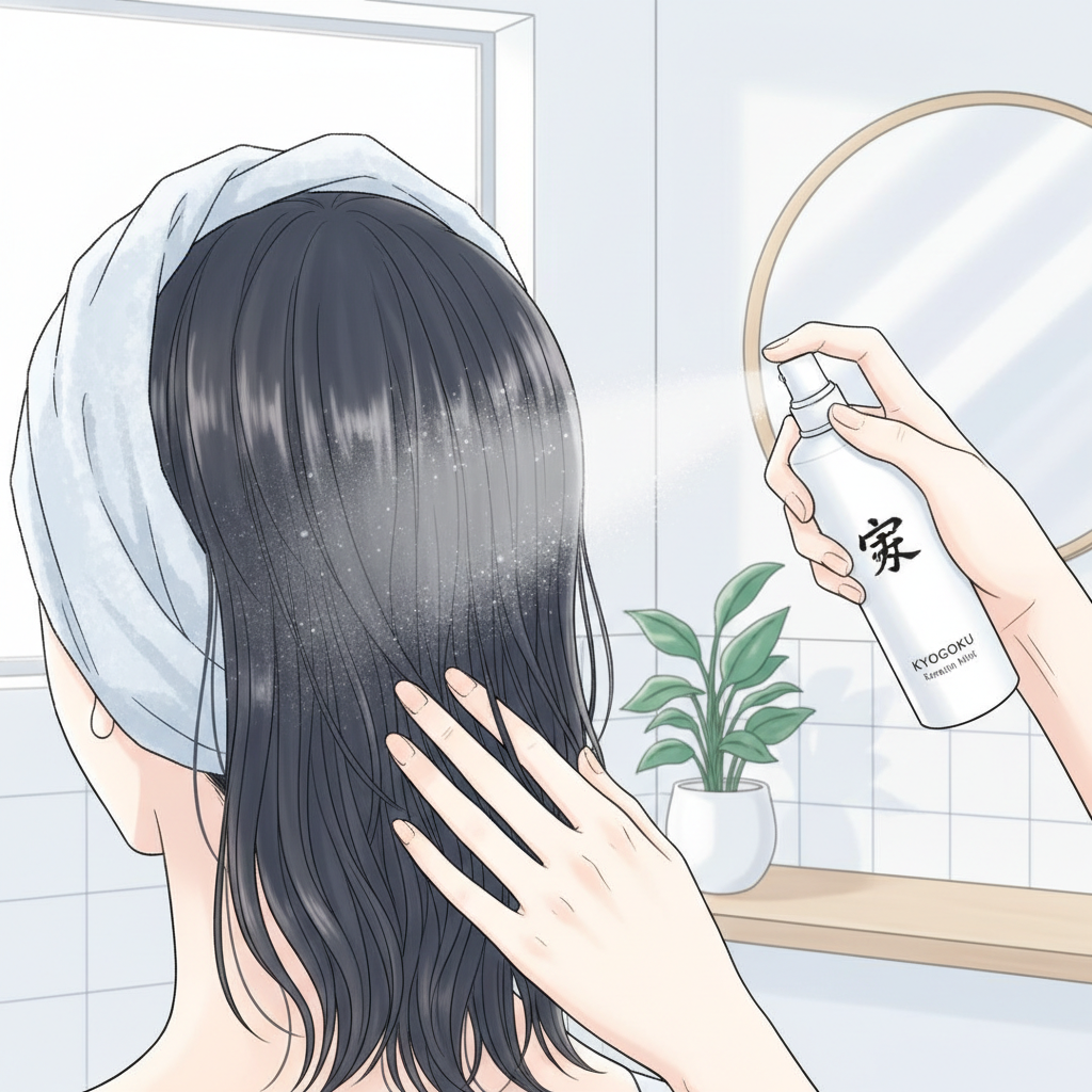 濡れた髪にKYOGOKU ケラチンミストを塗布し、手で馴染ませる様子