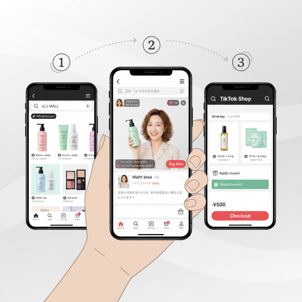 Steps to shop on LCJ MALL TikTok Shop: searching, watching live streams, applying coupons on a smartphone