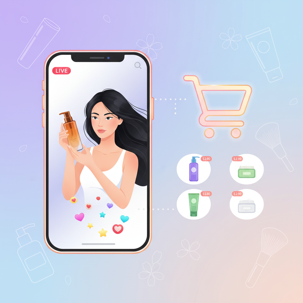 LCJ MALL TikTok Shop: Beauty influencer live streaming product demonstration with integrated shopping cart on a smartphone