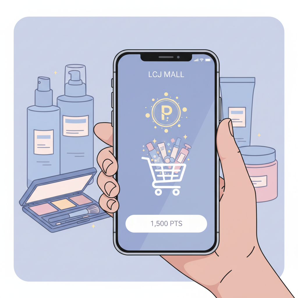 LCJ MALLのポイントシステムを視覚化したイラスト。スマートフォンでLCJ MALLアプリを開き、ポイントが貯まる様子が描かれている。背景には美容製品が配置されている。