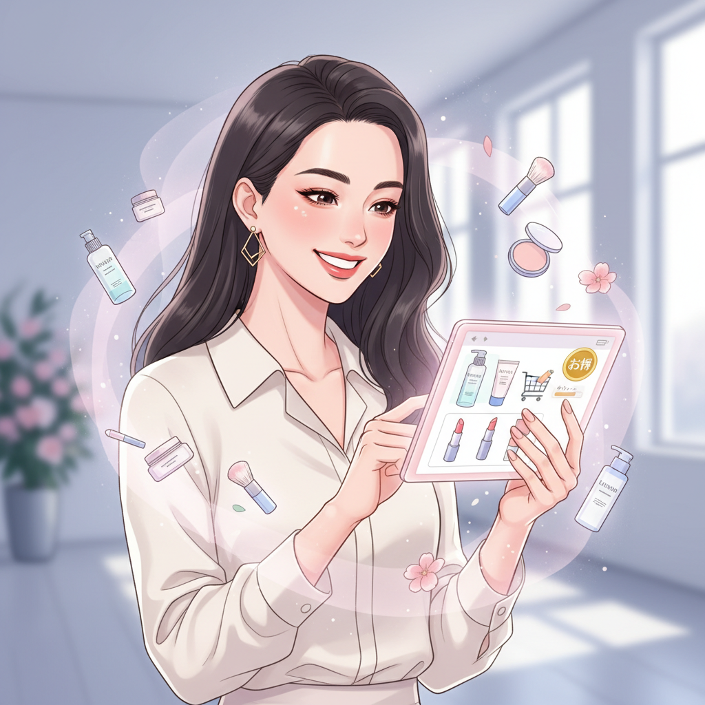 LCJ MALLで美容アイテムをお得に購入する女性とポイント活用